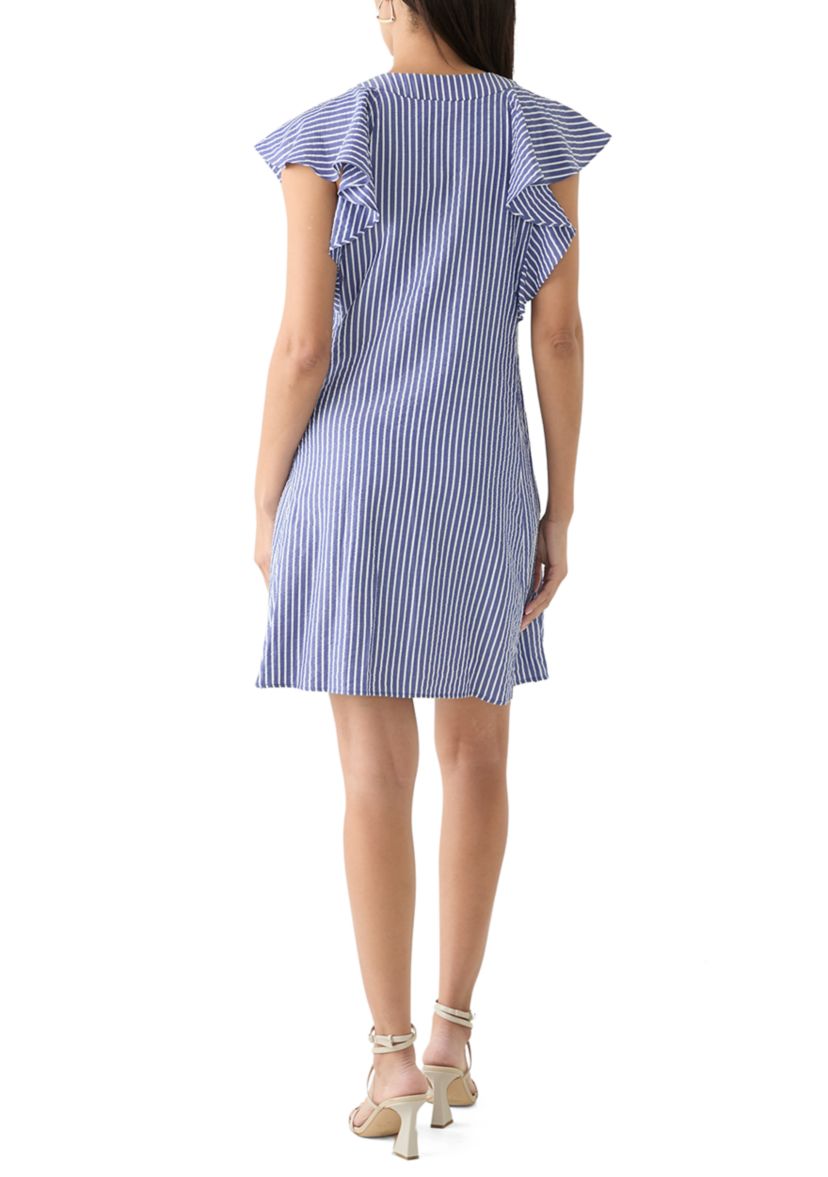 Womens Short Sleeve V-Neck Stripe Print A-Line Dress