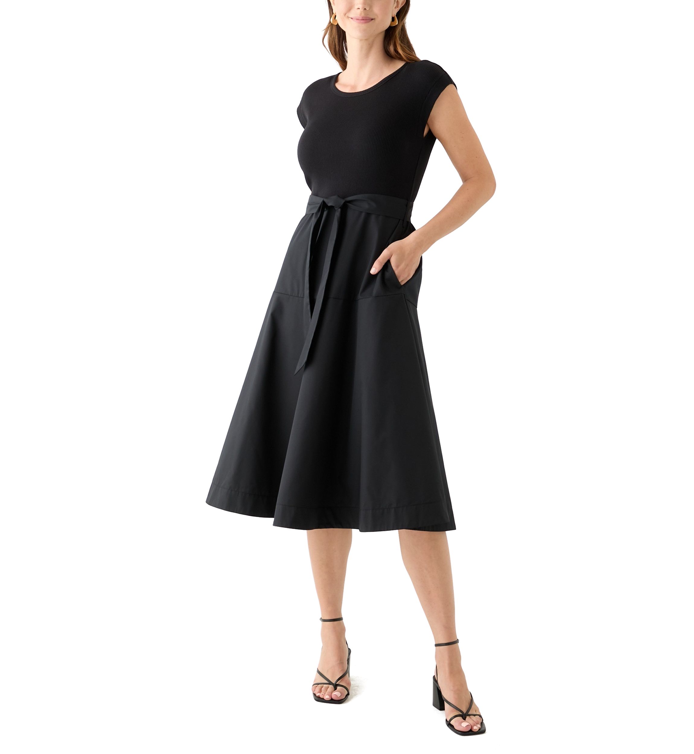 Womens Cap Sleeve Crew Neck Solid Belted A-Line Dress