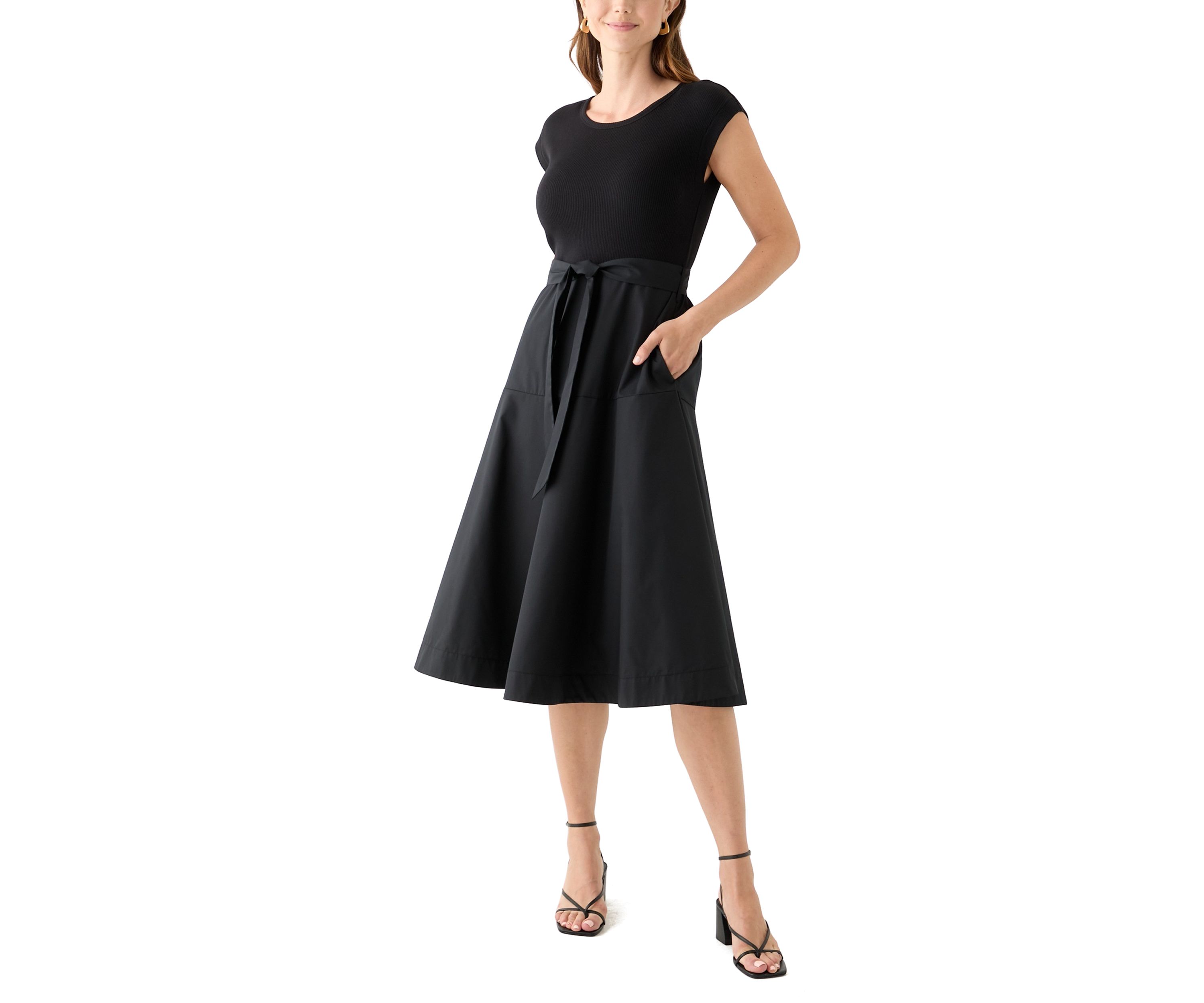 Womens Cap Sleeve Crew Neck Solid Belted A-Line Dress