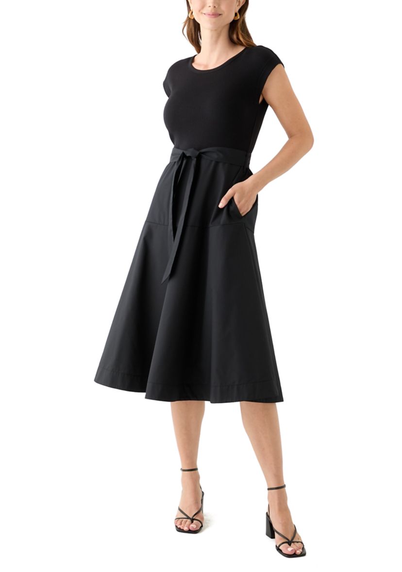 Womens Cap Sleeve Crew Neck Solid Belted A-Line Dress