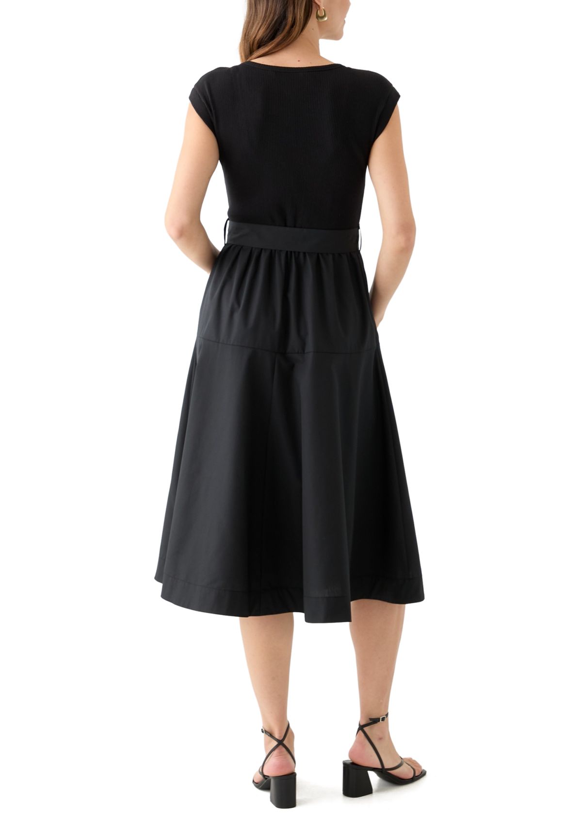 Womens Cap Sleeve Crew Neck Solid Belted A-Line Dress