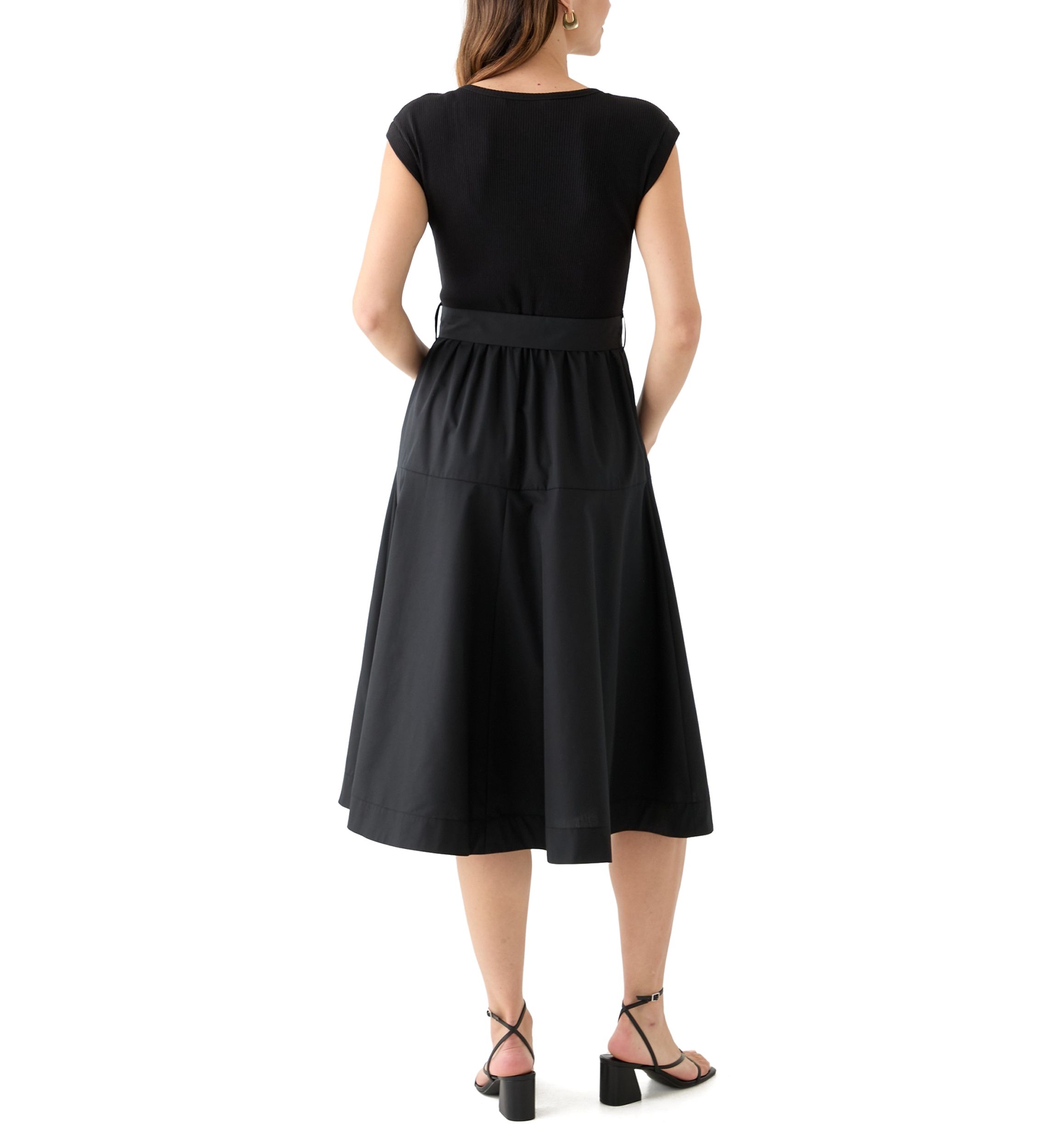 Womens Cap Sleeve Crew Neck Solid Belted A-Line Dress