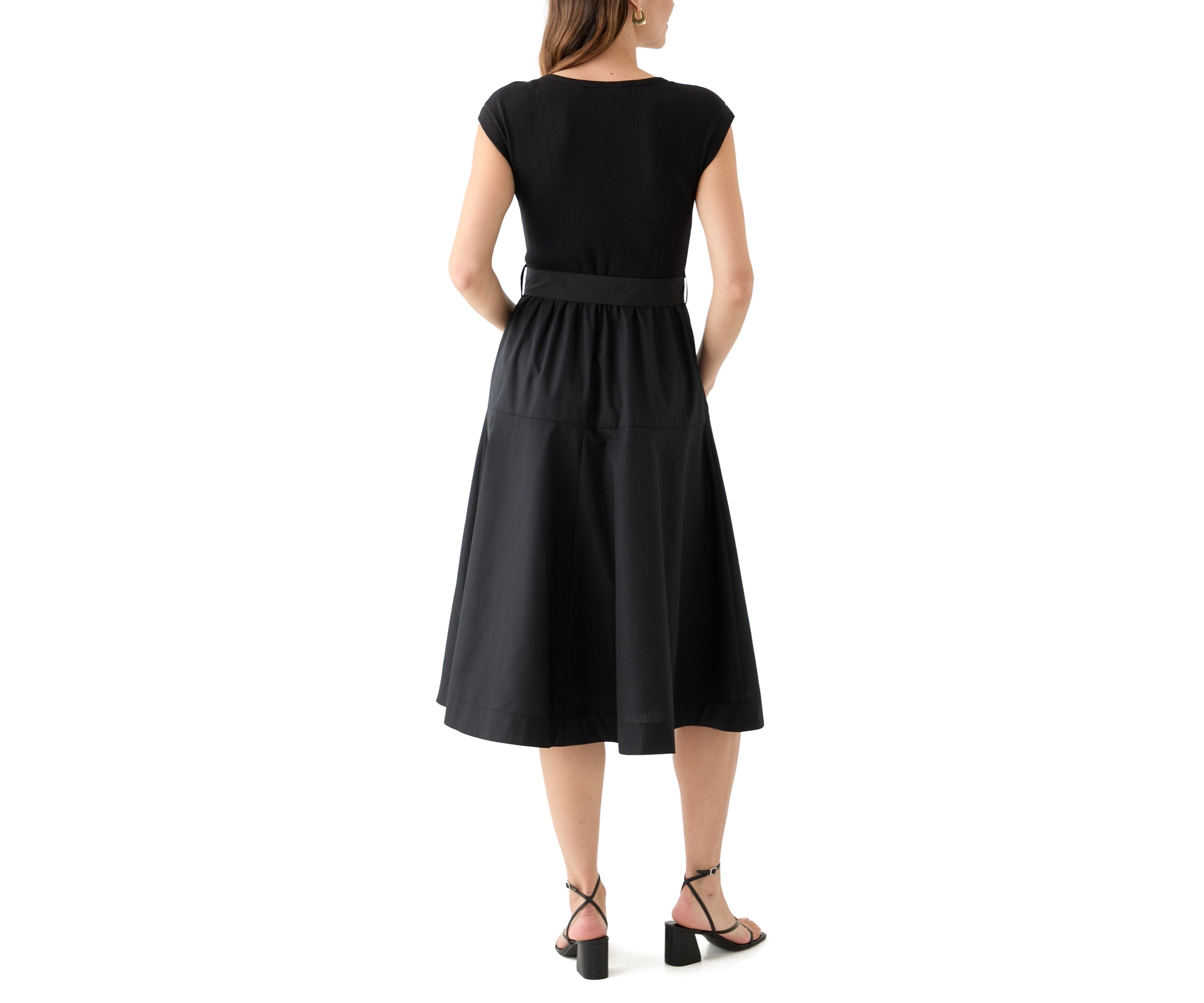 Womens Cap Sleeve Crew Neck Solid Belted A-Line Dress