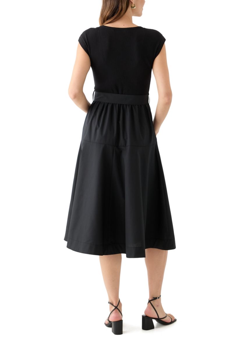 Womens Cap Sleeve Crew Neck Solid Belted A-Line Dress