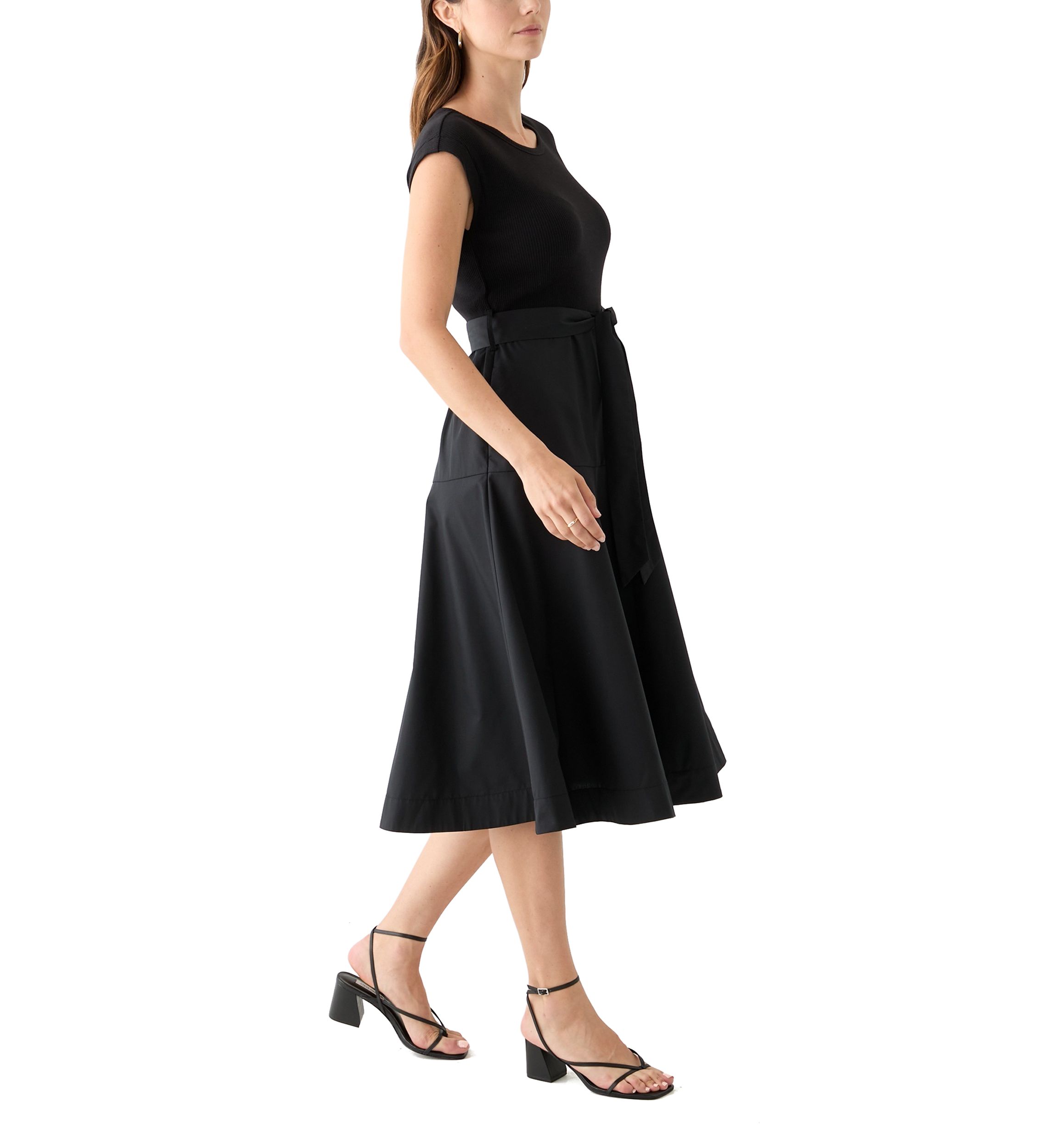 Womens Cap Sleeve Crew Neck Solid Belted A-Line Dress