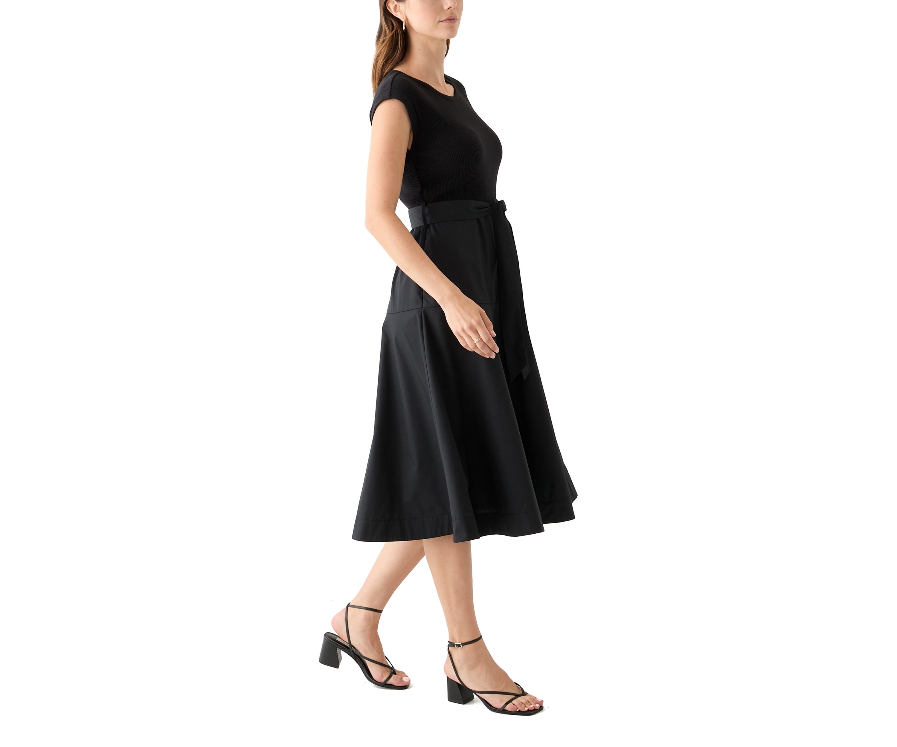 Womens Cap Sleeve Crew Neck Solid Belted A-Line Dress
