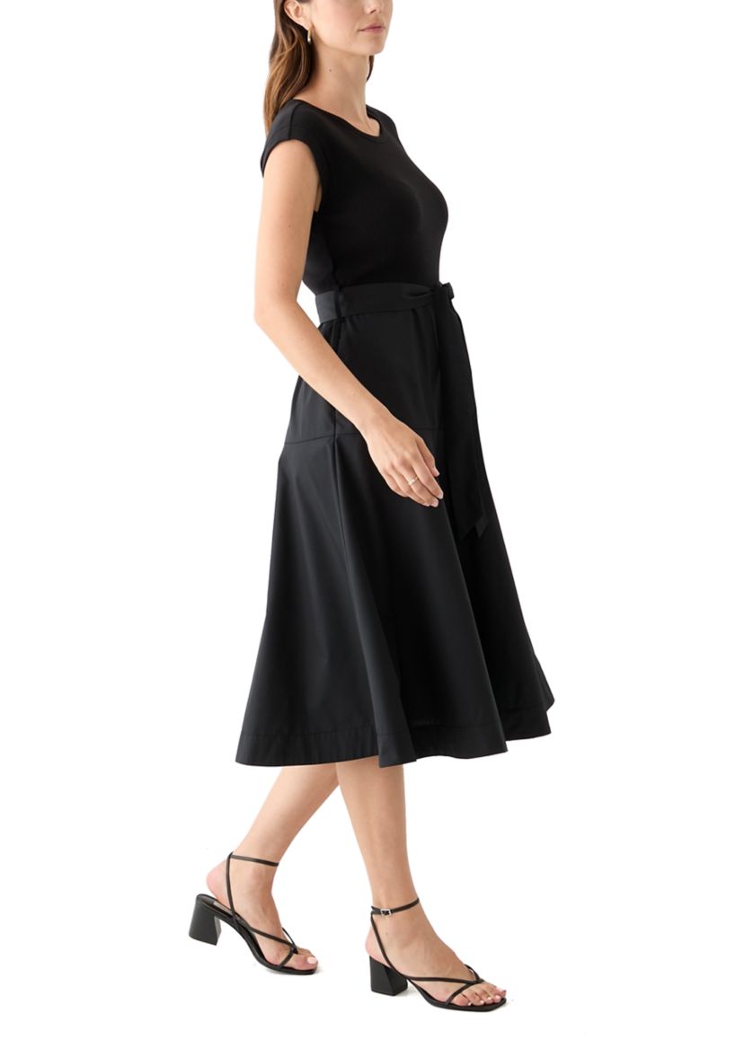Womens Cap Sleeve Crew Neck Solid Belted A-Line Dress