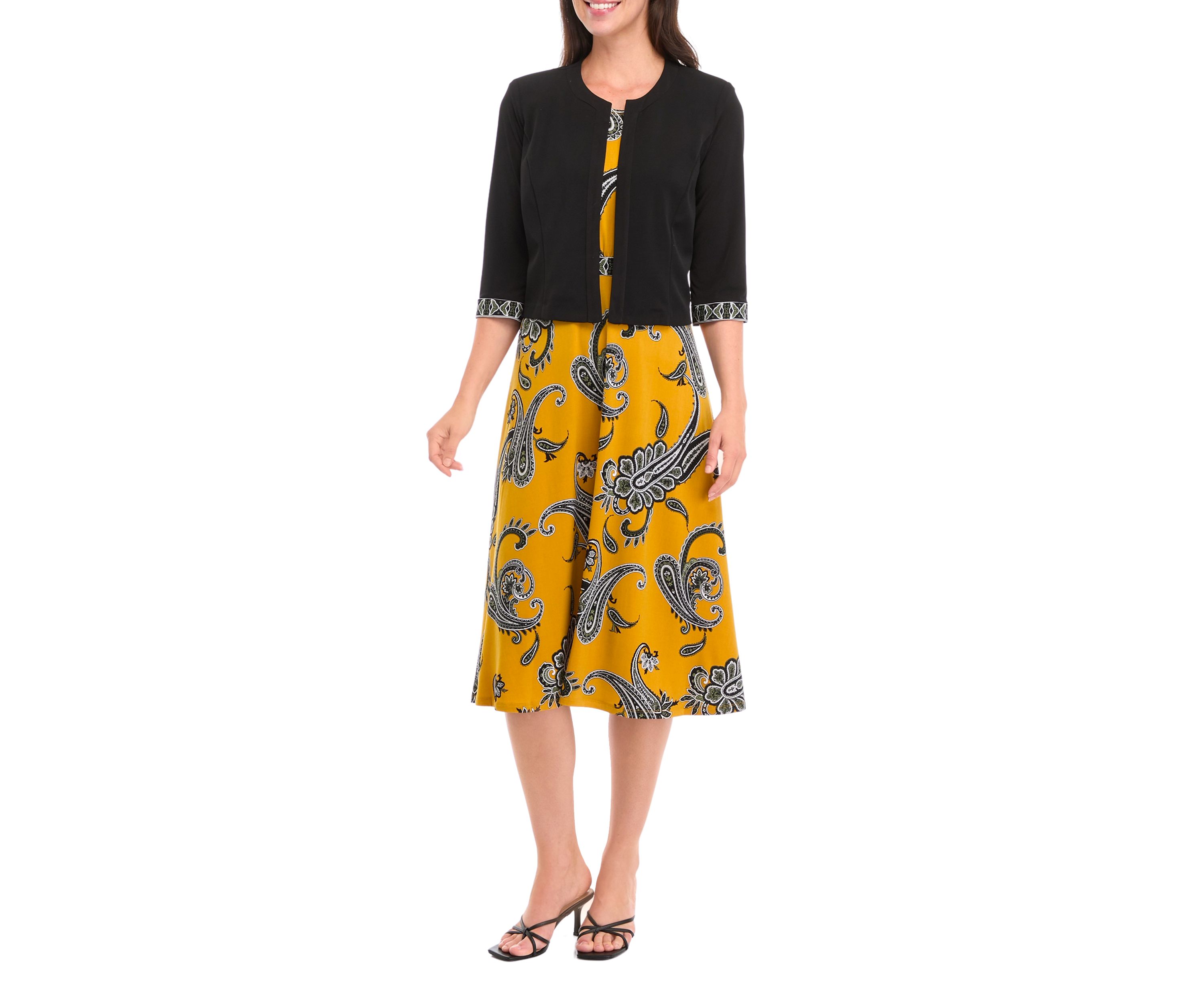Womens 3/4 Sleeve Crew Neck Paisley Print Jacket Dress