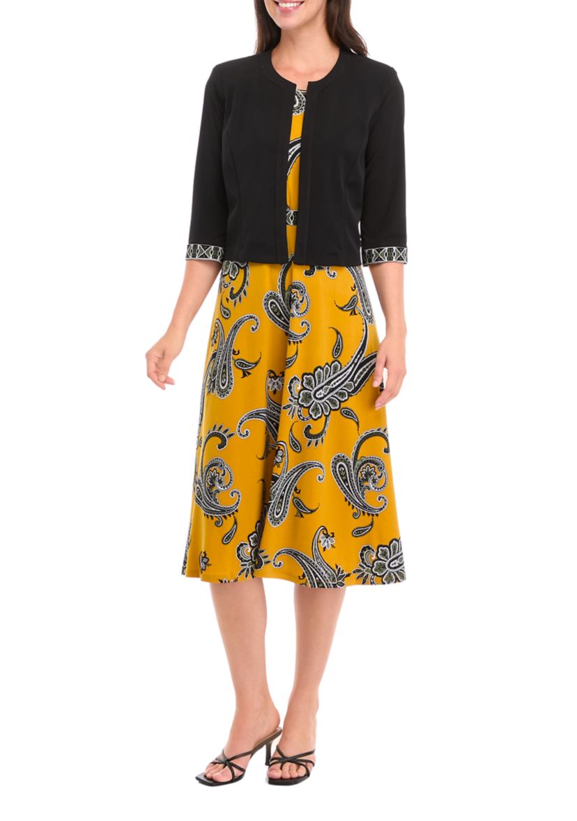 Womens 3/4 Sleeve Crew Neck Paisley Print Jacket Dress