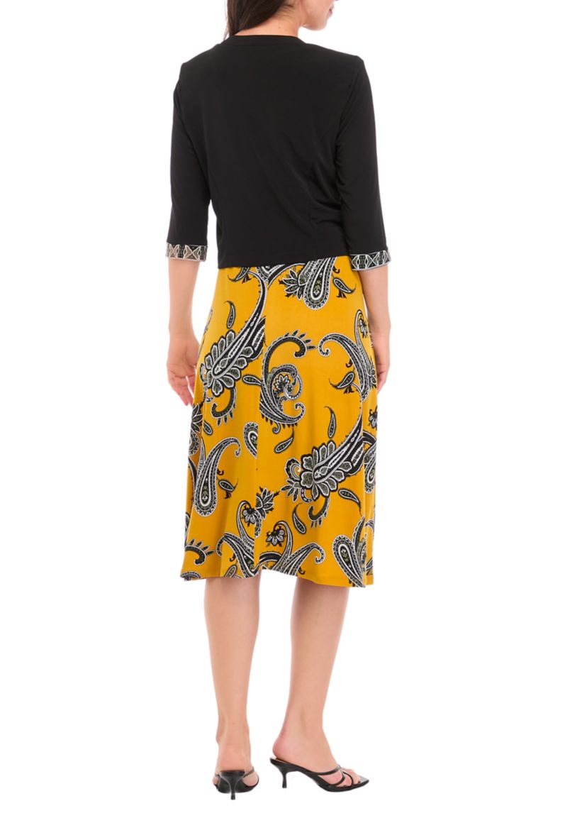 Womens 3/4 Sleeve Crew Neck Paisley Print Jacket Dress