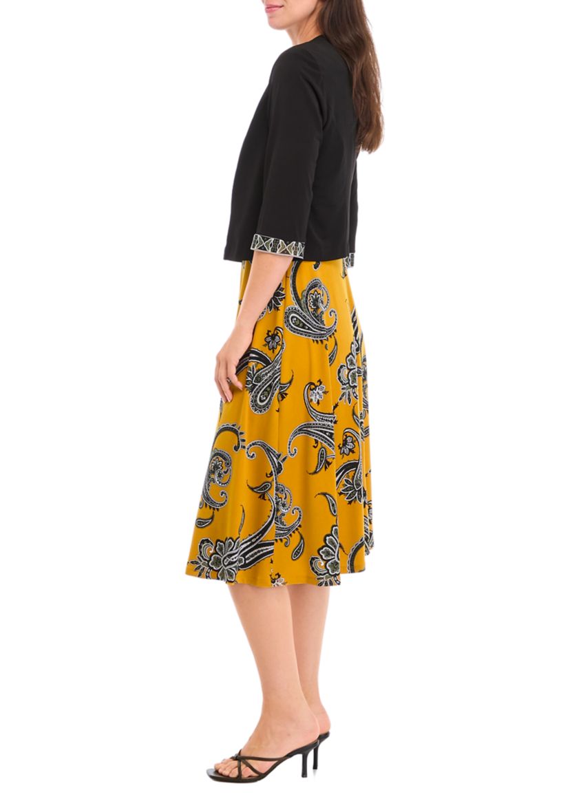 Womens 3/4 Sleeve Crew Neck Paisley Print Jacket Dress