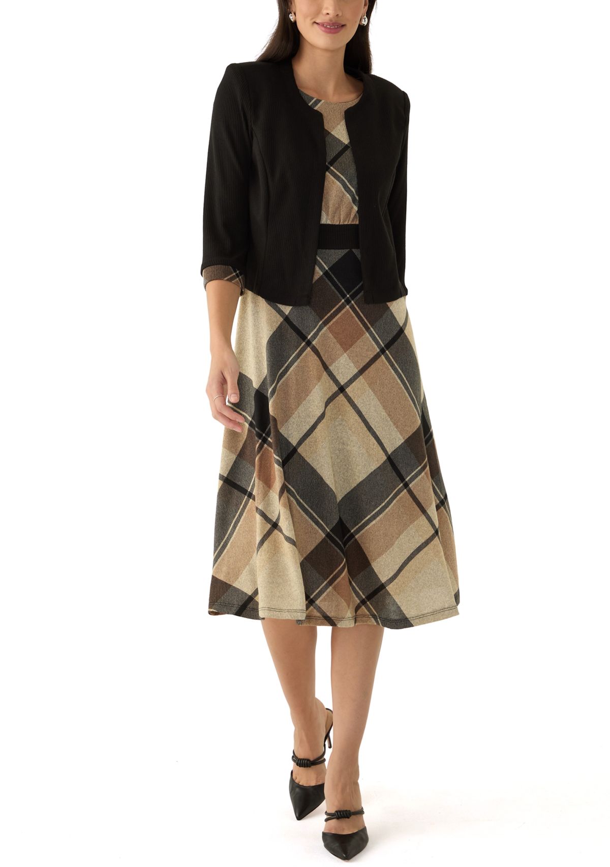 Womens Sleeveless Plaid Dress and 3/4 Sleeve Jacket 