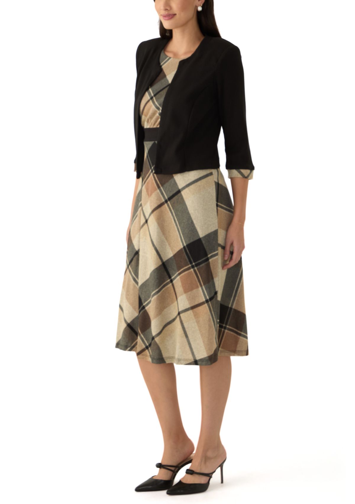 Womens Sleeveless Plaid Dress and 3/4 Sleeve Jacket 