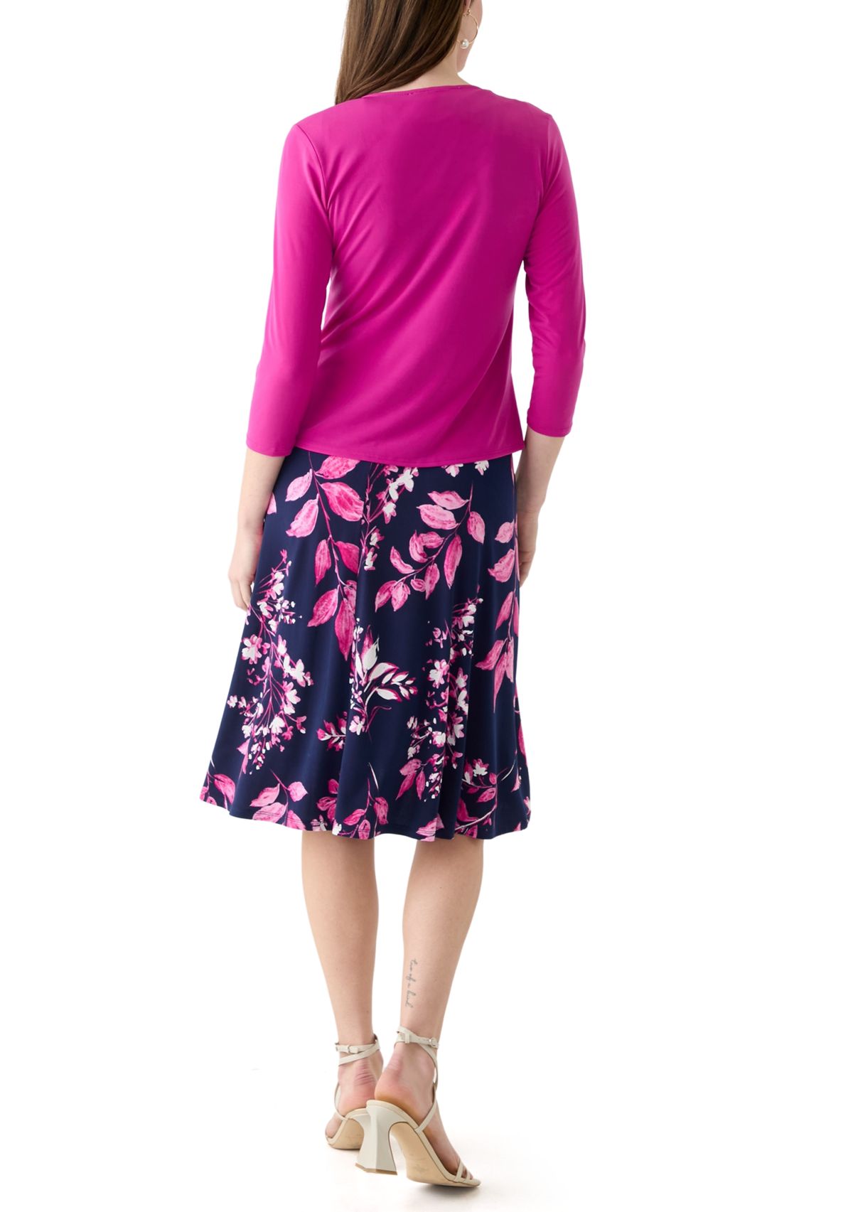 Womens 3/4 Sleeve Scoop Neck Floral Print Jacket Dress