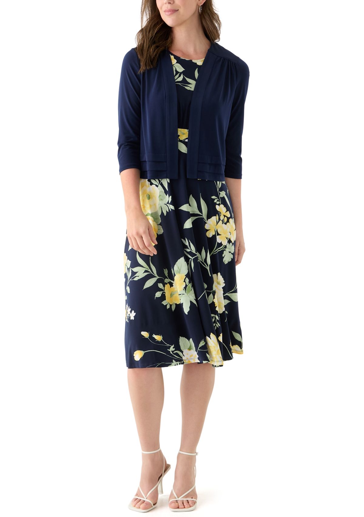 Womens 3/4 Sleeve Crew Neck Floral Print Jacket Dress