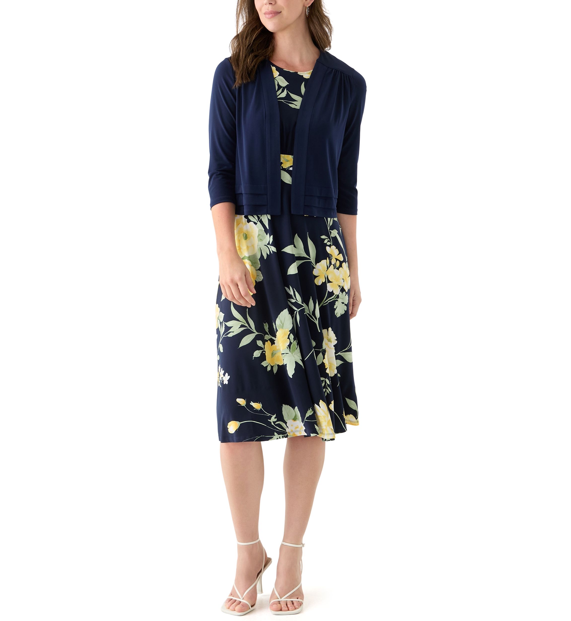 Womens 3/4 Sleeve Crew Neck Floral Print Jacket Dress