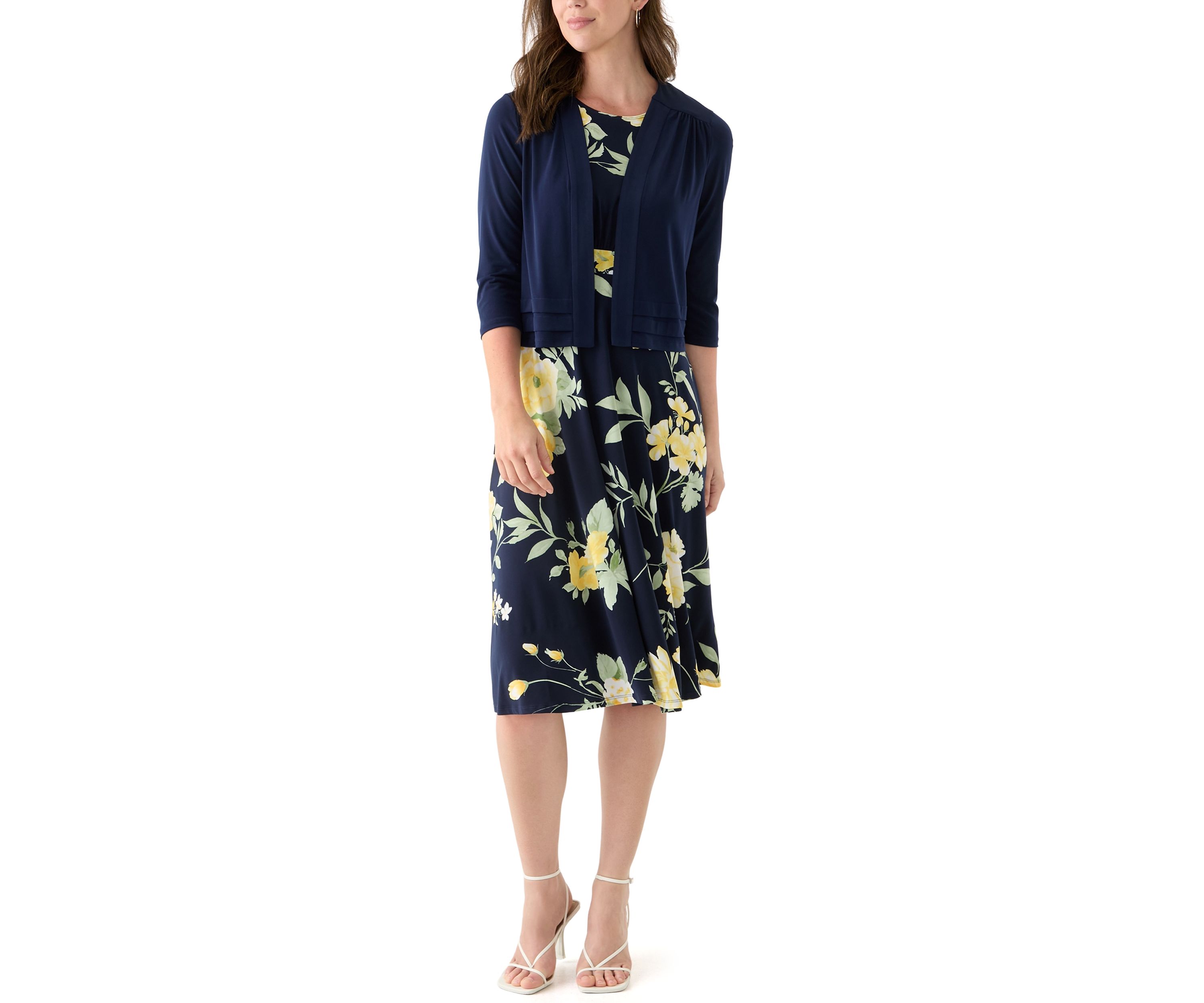 Womens 3/4 Sleeve Crew Neck Floral Print Jacket Dress