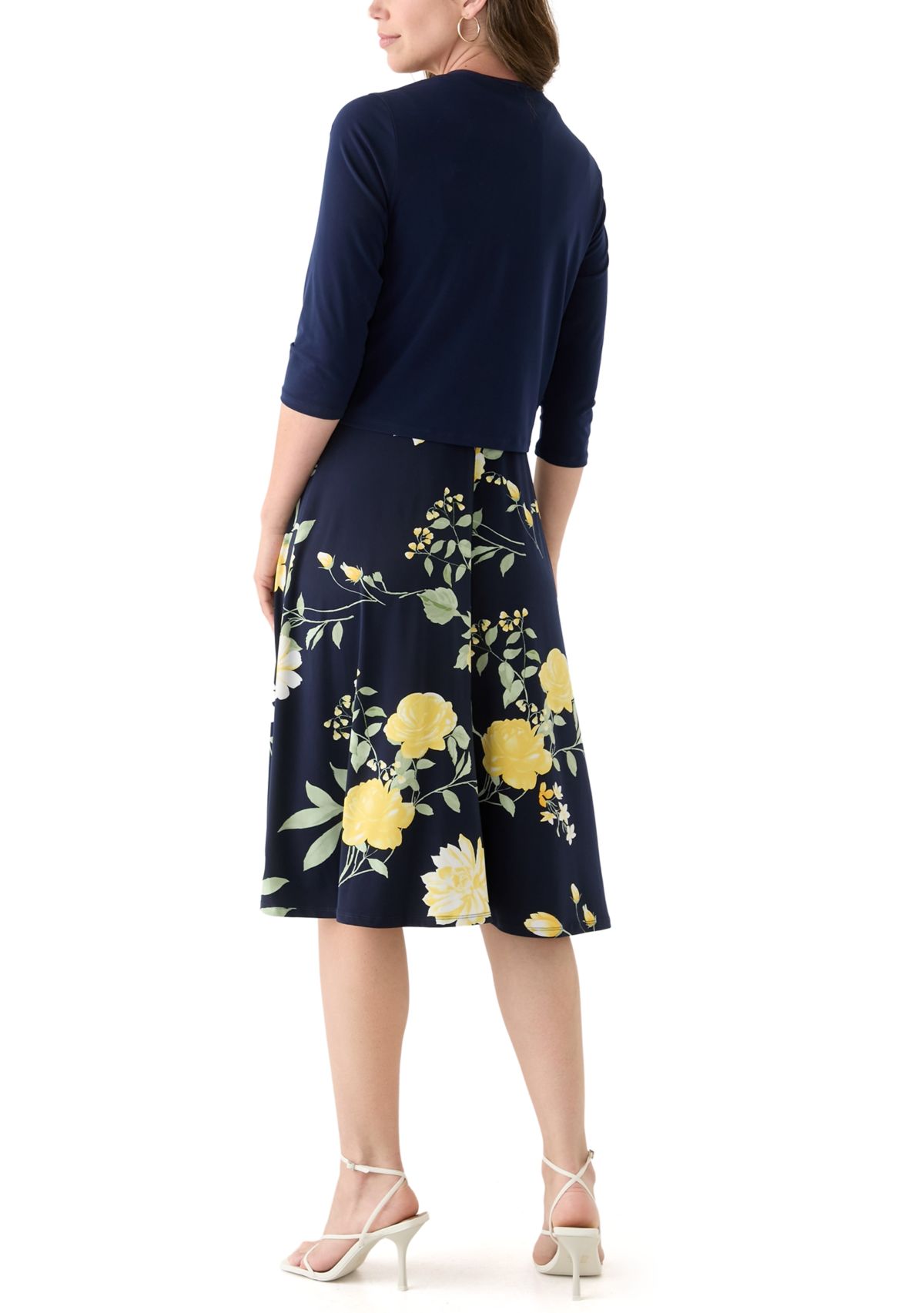 Womens 3/4 Sleeve Crew Neck Floral Print Jacket Dress