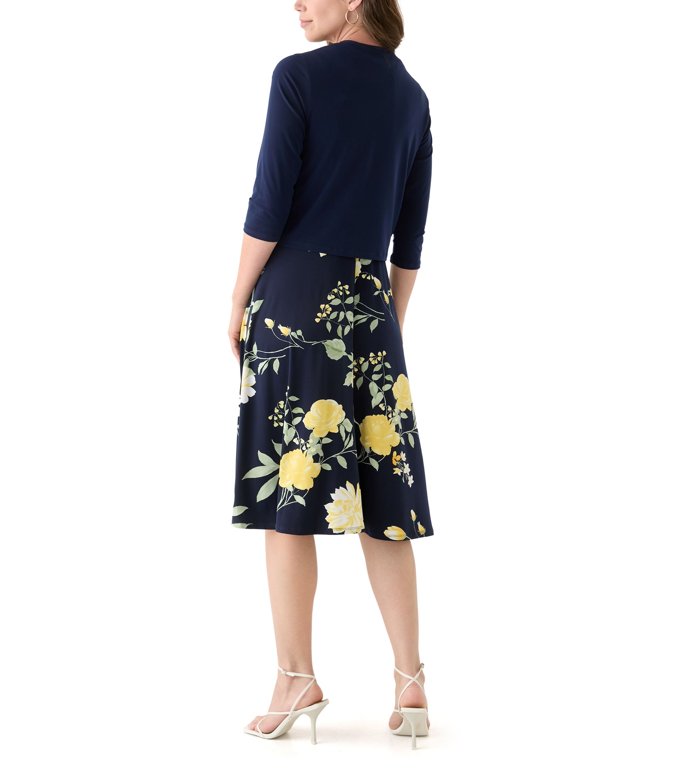 Womens 3/4 Sleeve Crew Neck Floral Print Jacket Dress