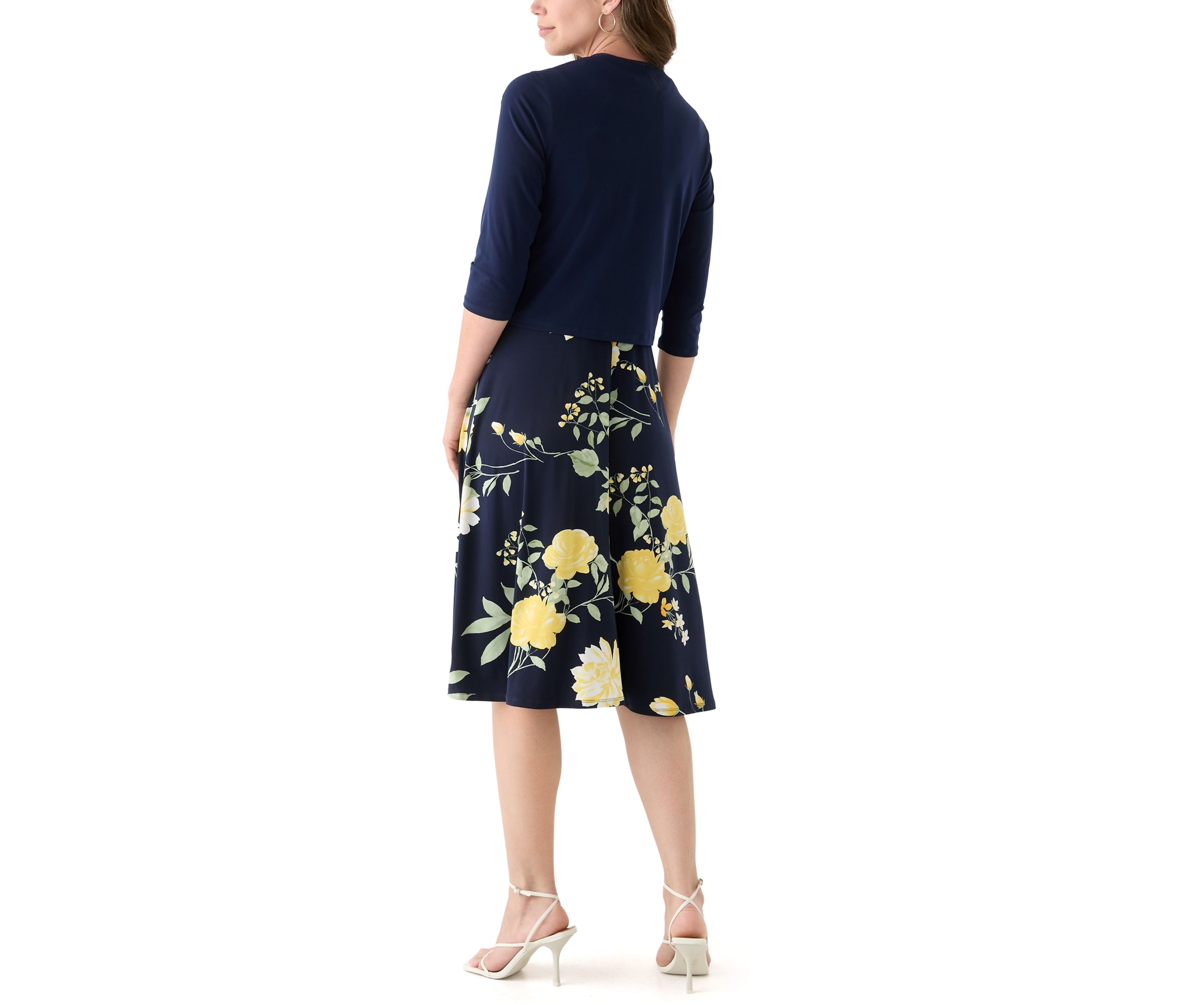 Womens 3/4 Sleeve Crew Neck Floral Print Jacket Dress