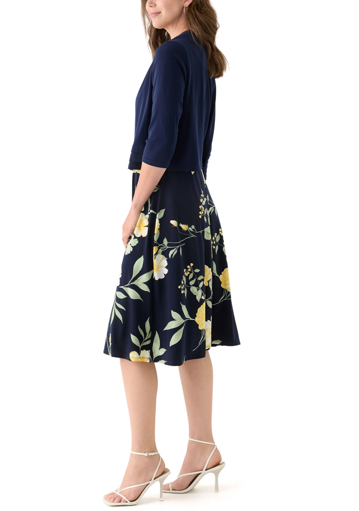Womens 3/4 Sleeve Crew Neck Floral Print Jacket Dress