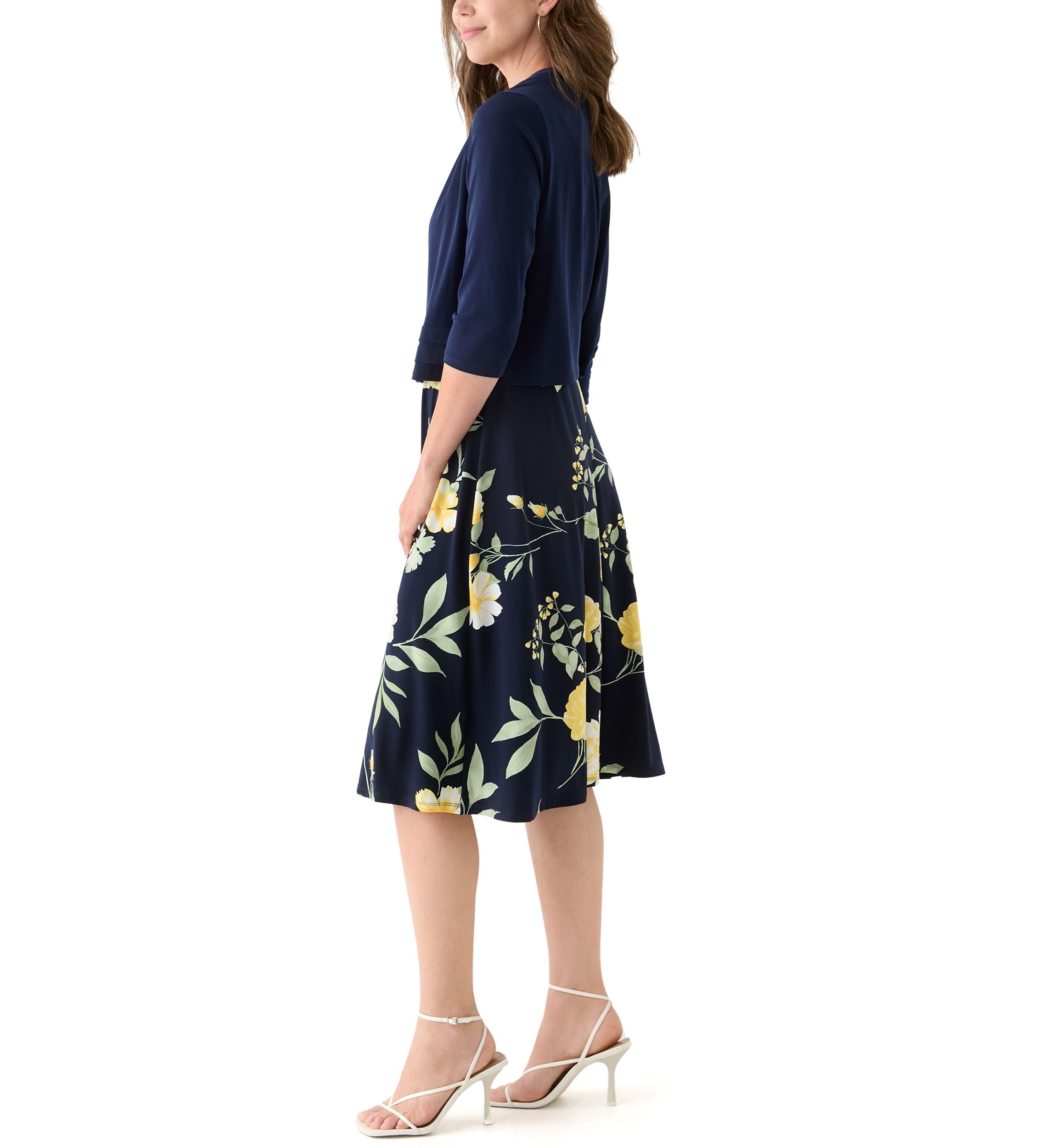 Womens 3/4 Sleeve Crew Neck Floral Print Jacket Dress