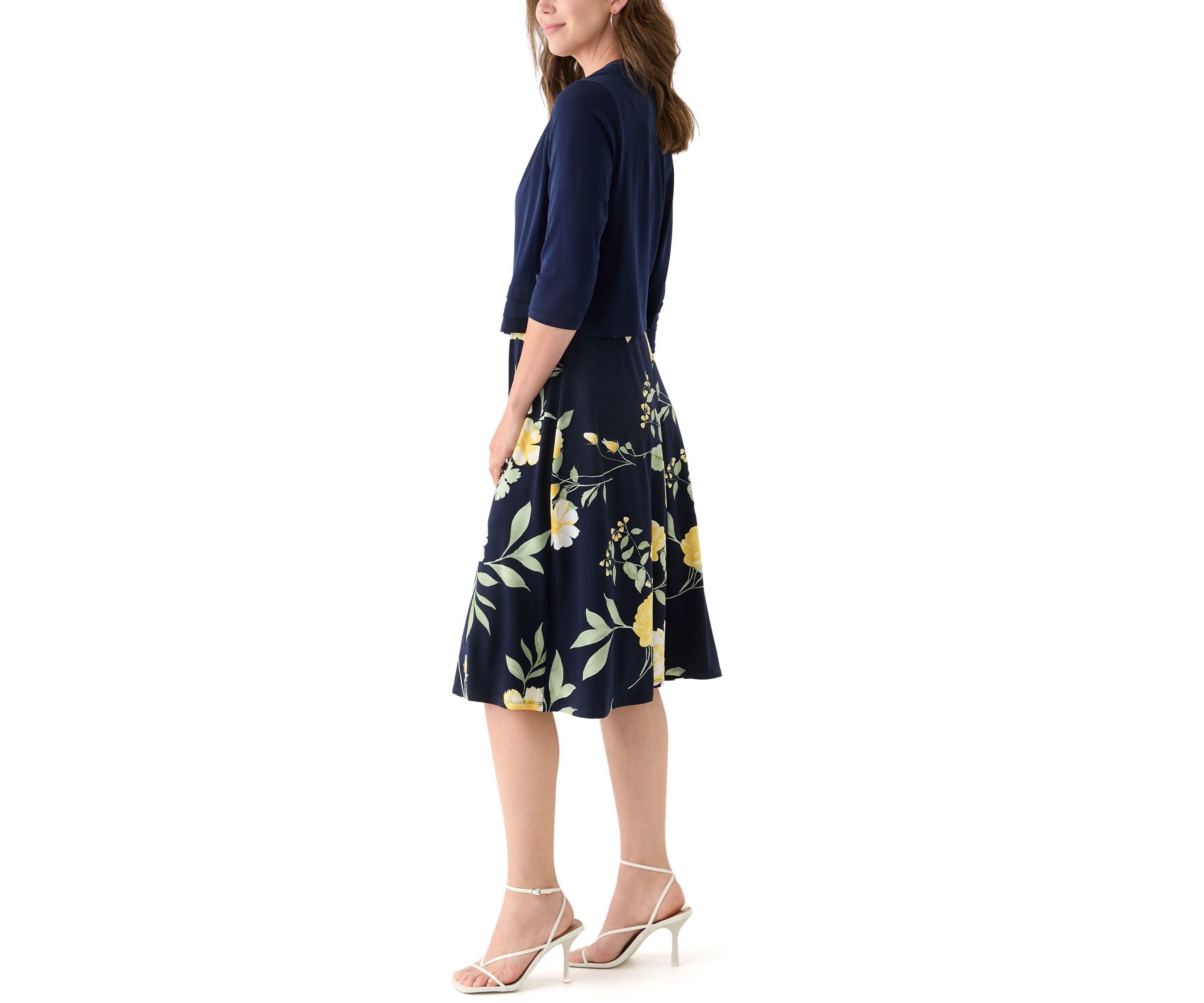 Womens 3/4 Sleeve Crew Neck Floral Print Jacket Dress