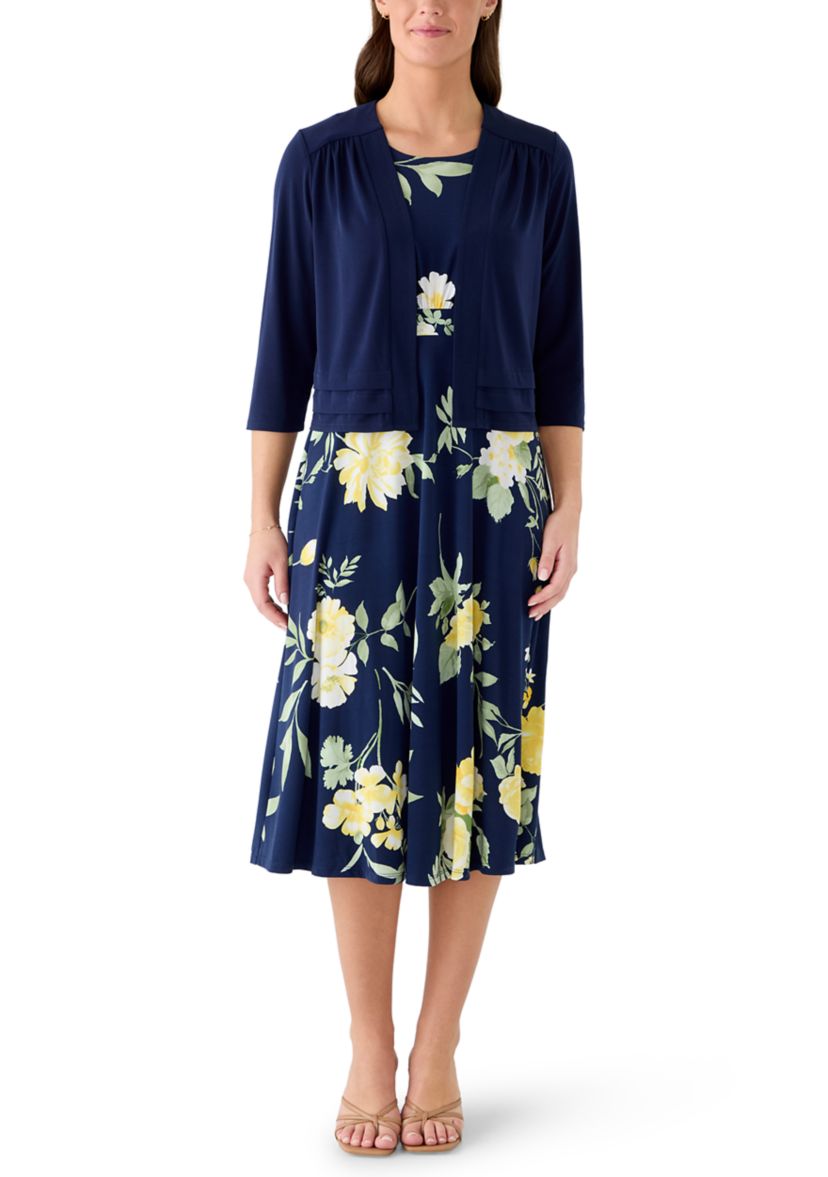 Womens Three-Quarter Sleeve Floral Jacket Dress
