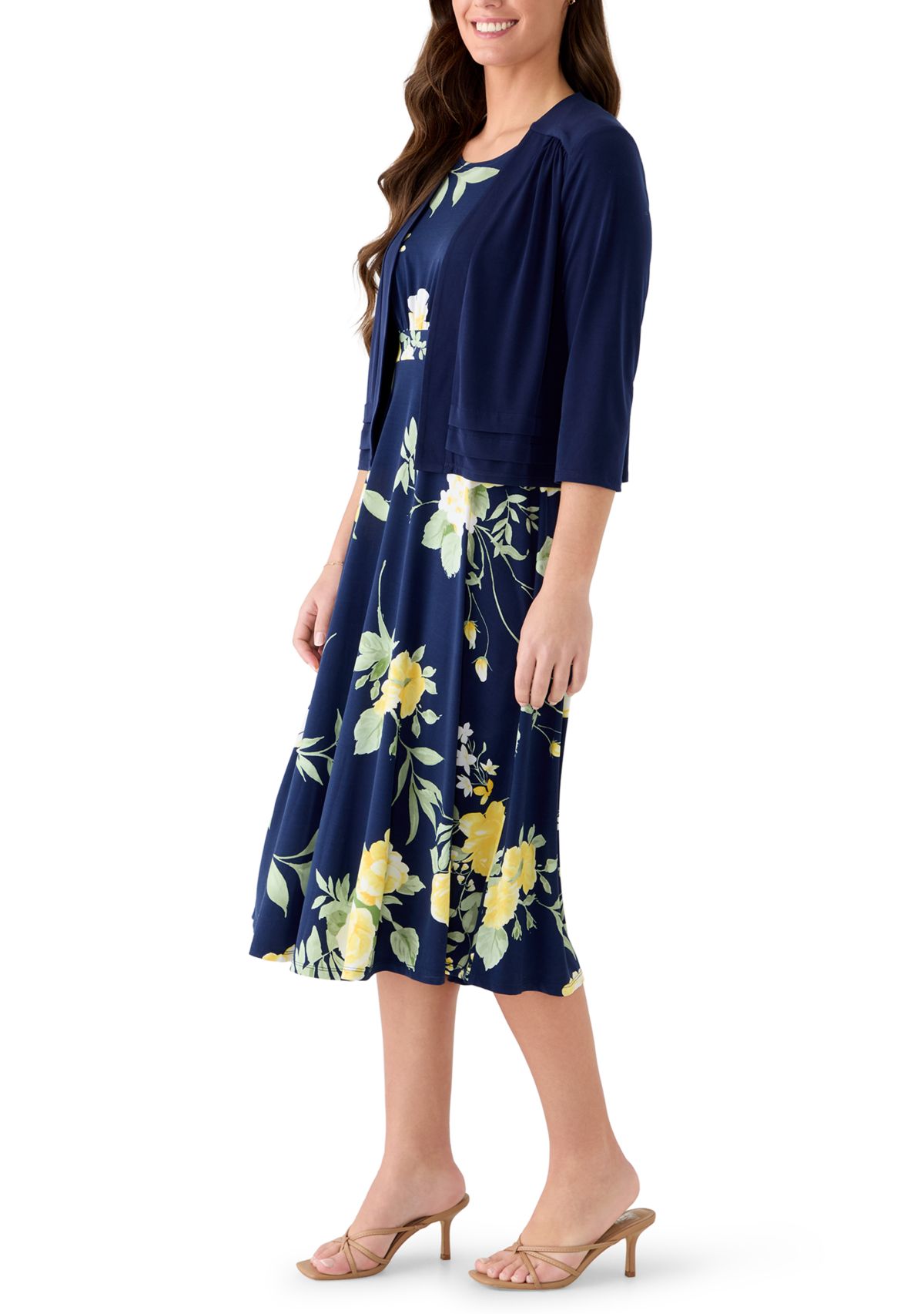Womens Three-Quarter Sleeve Floral Jacket Dress
