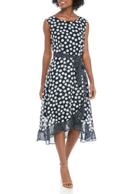 Sandra Darren Sleeveless Dot Chiffon Dress with Trim | belk