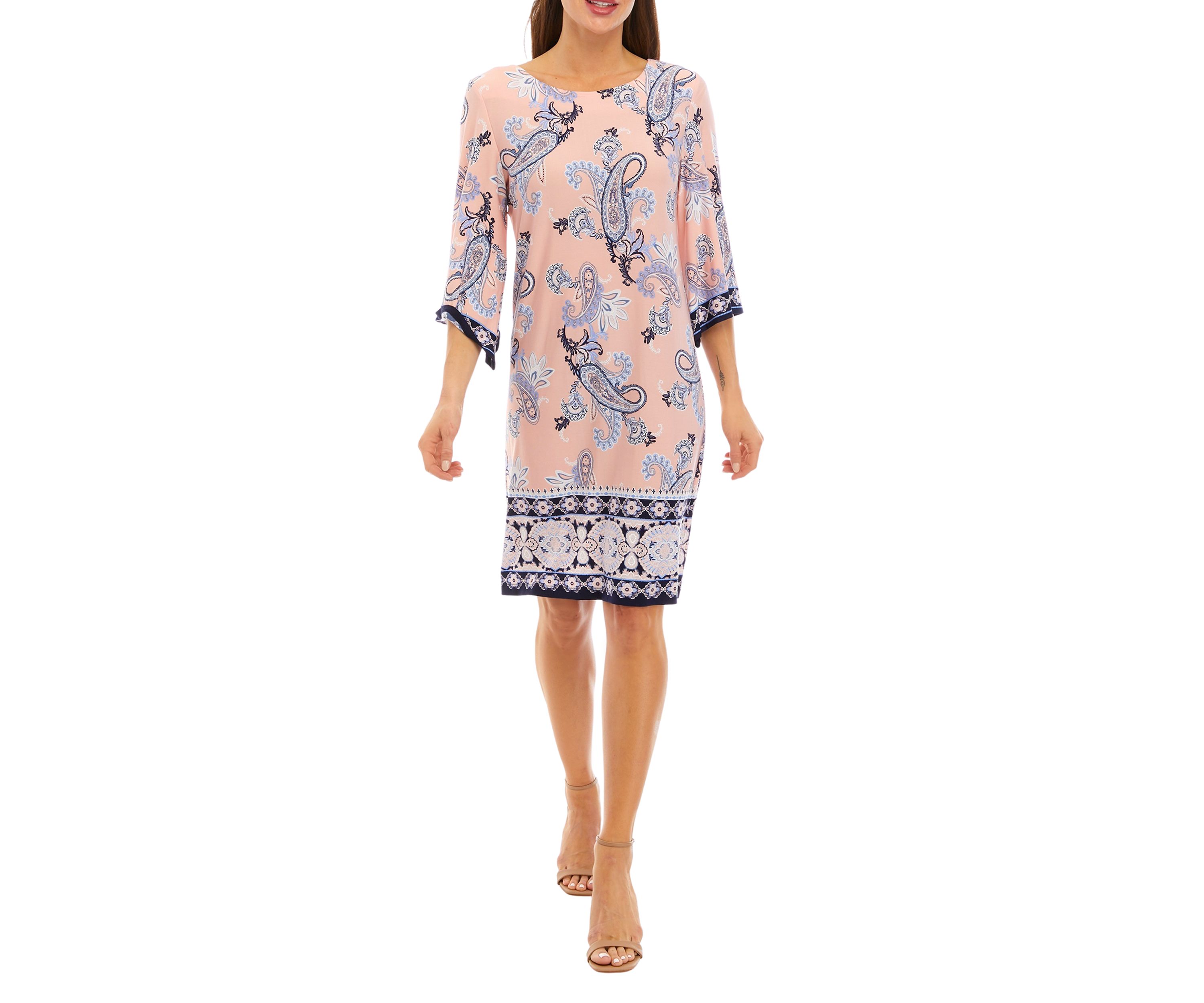 Womens 3/4 Sleeve Paisley Puff Print Shift Dress