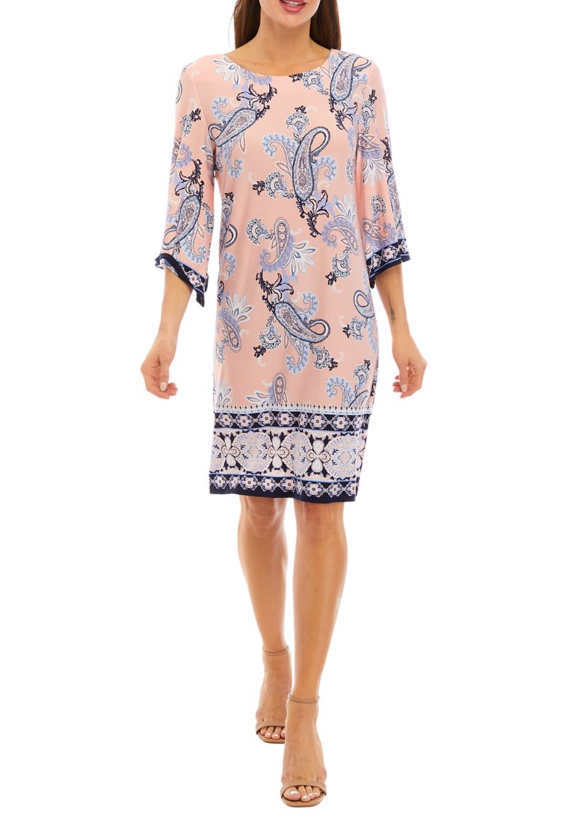 Womens 3/4 Sleeve Paisley Puff Print Shift Dress