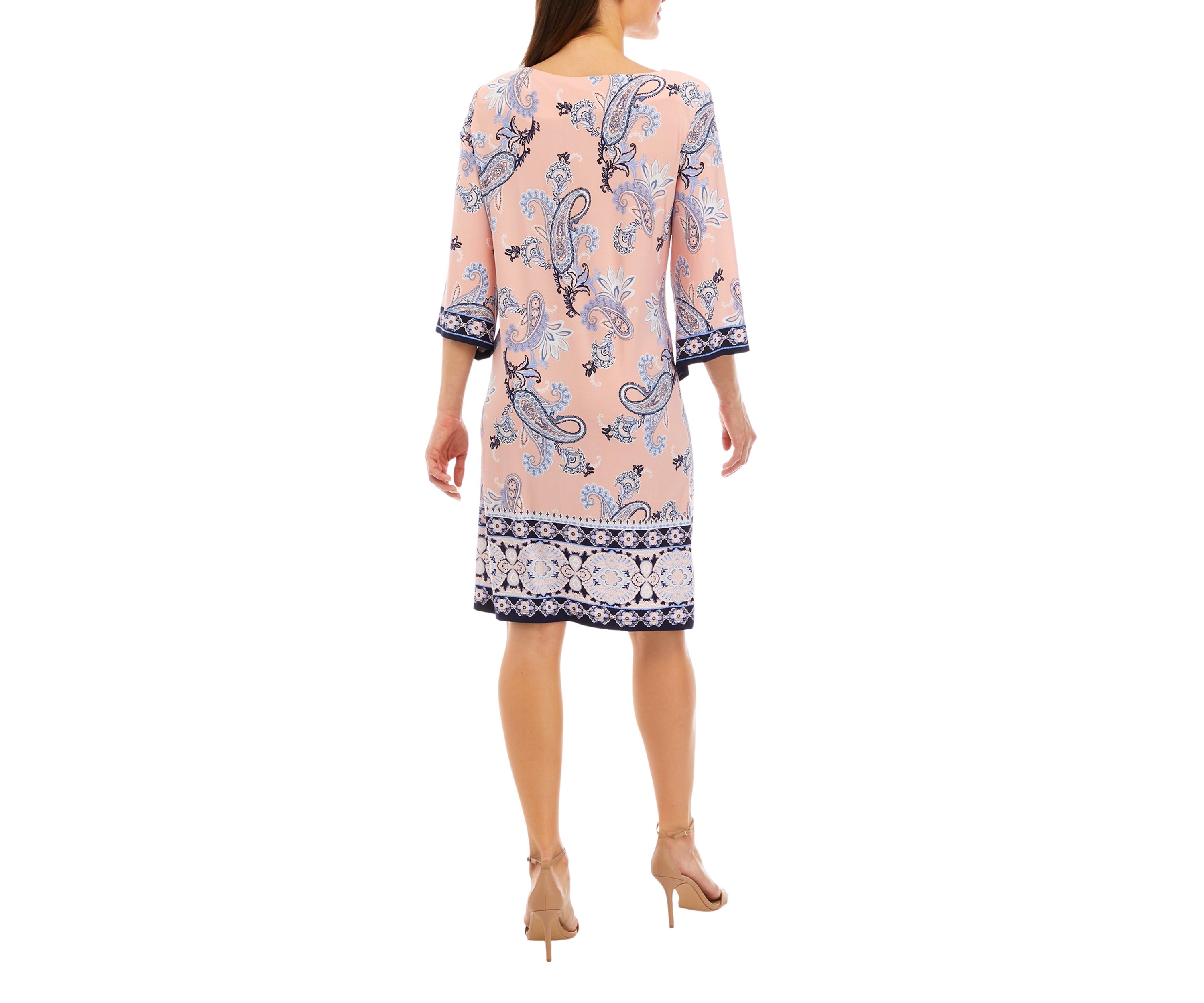 Womens 3/4 Sleeve Paisley Puff Print Shift Dress