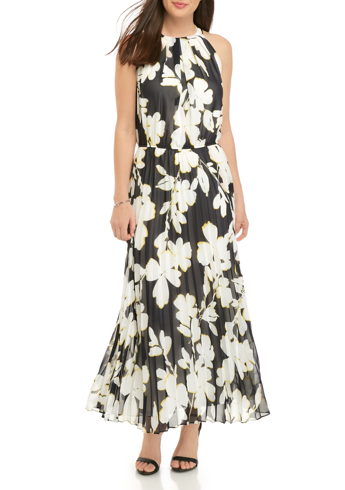 Womens Halter Floral Pleated Maxi Dress