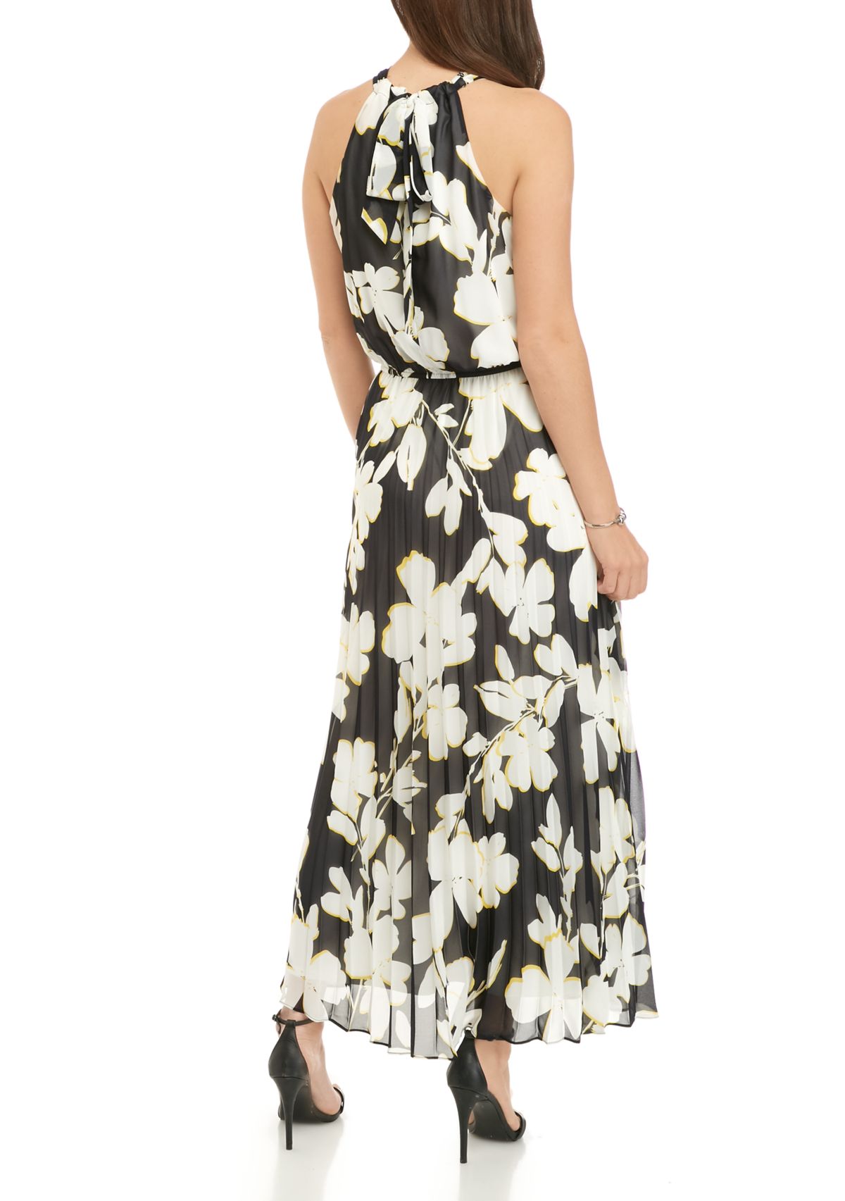 Womens Halter Floral Pleated Maxi Dress
