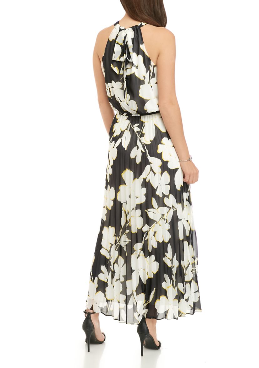 Womens Halter Floral Pleated Maxi Dress
