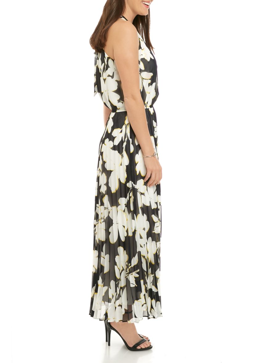 Womens Halter Floral Pleated Maxi Dress