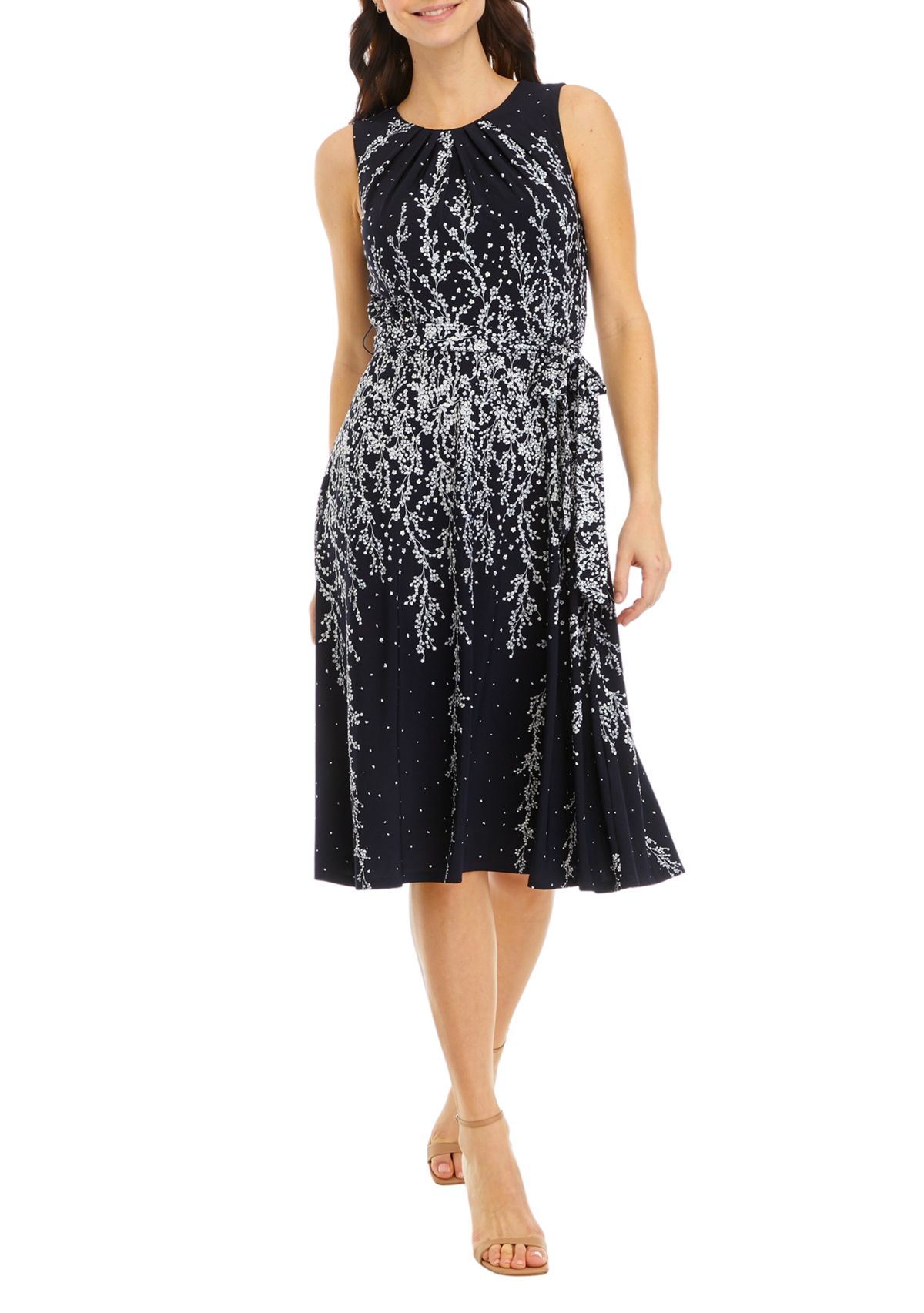 Womens Sleeveless Pleat Neck Ombré Floral Midi Dress
