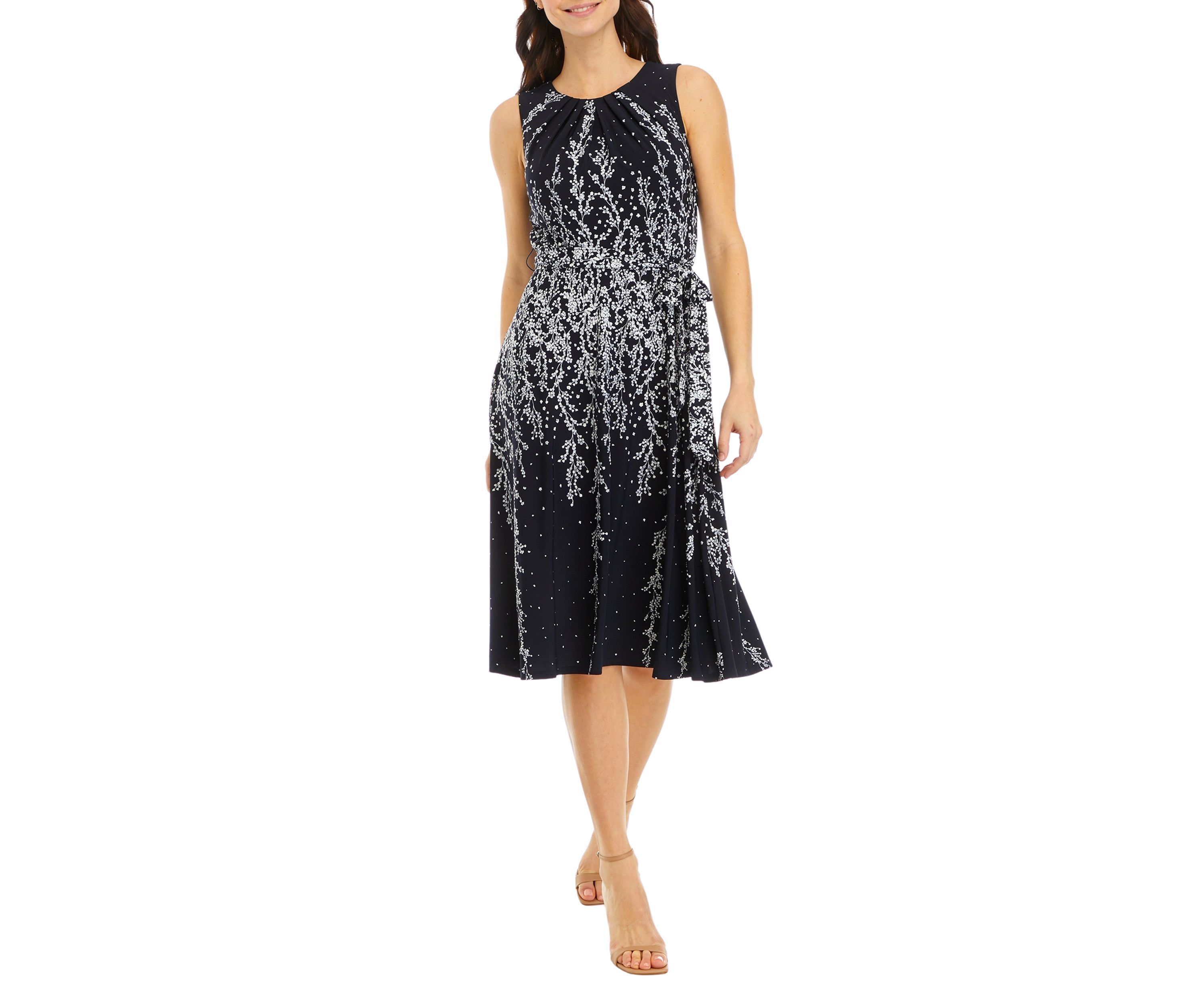 Womens Sleeveless Pleat Neck Ombré Floral Midi Dress