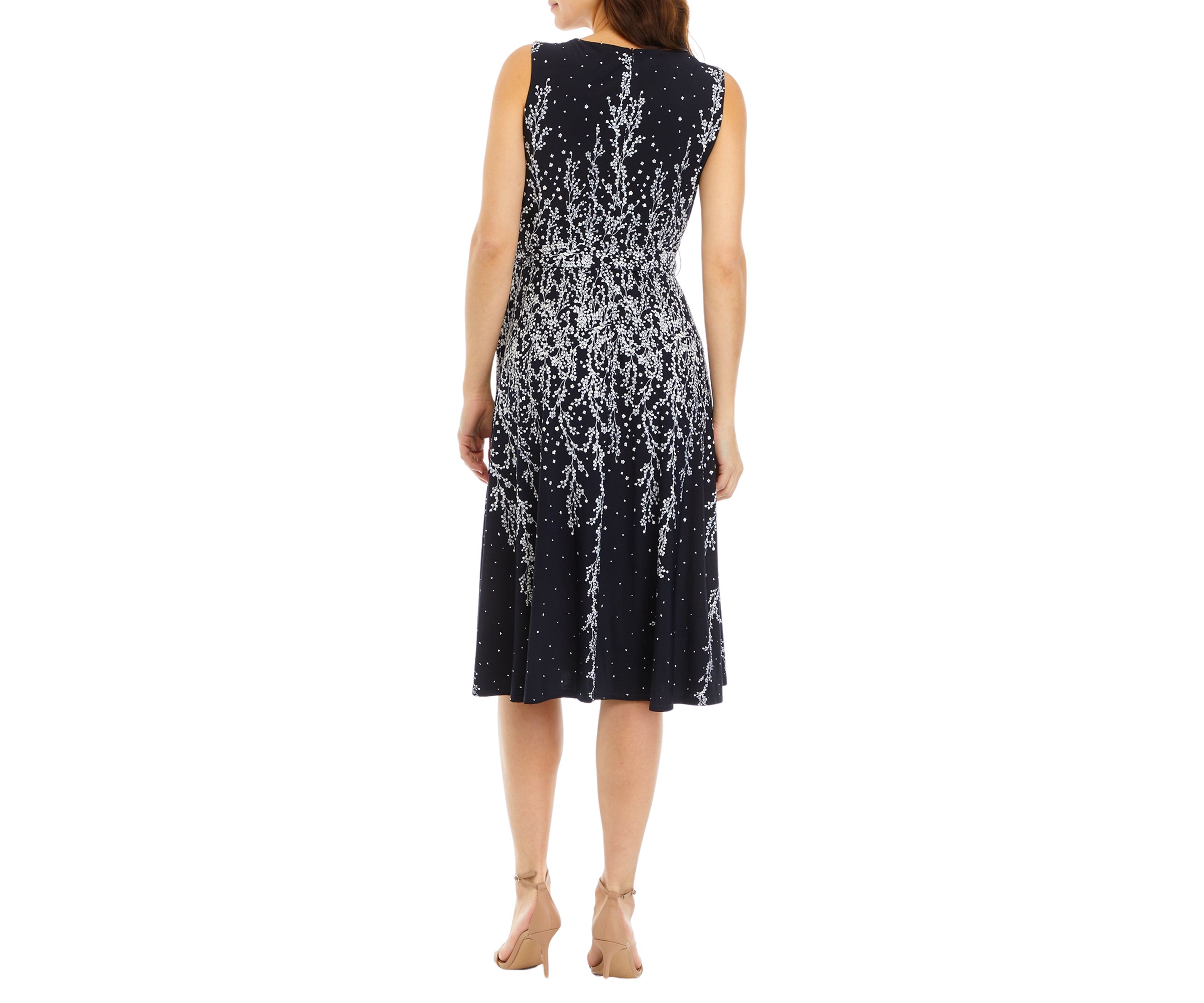 Womens Sleeveless Pleat Neck Ombré Floral Midi Dress