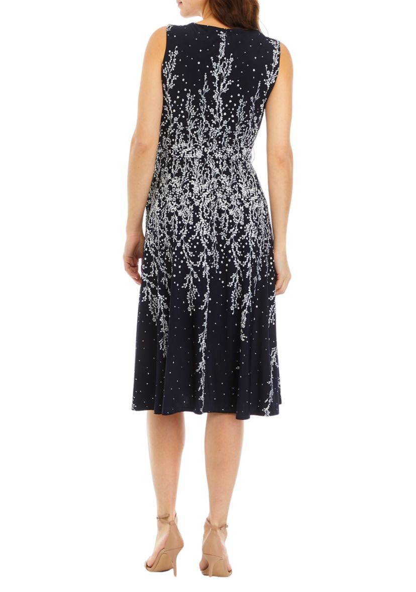 Womens Sleeveless Pleat Neck Ombré Floral Midi Dress