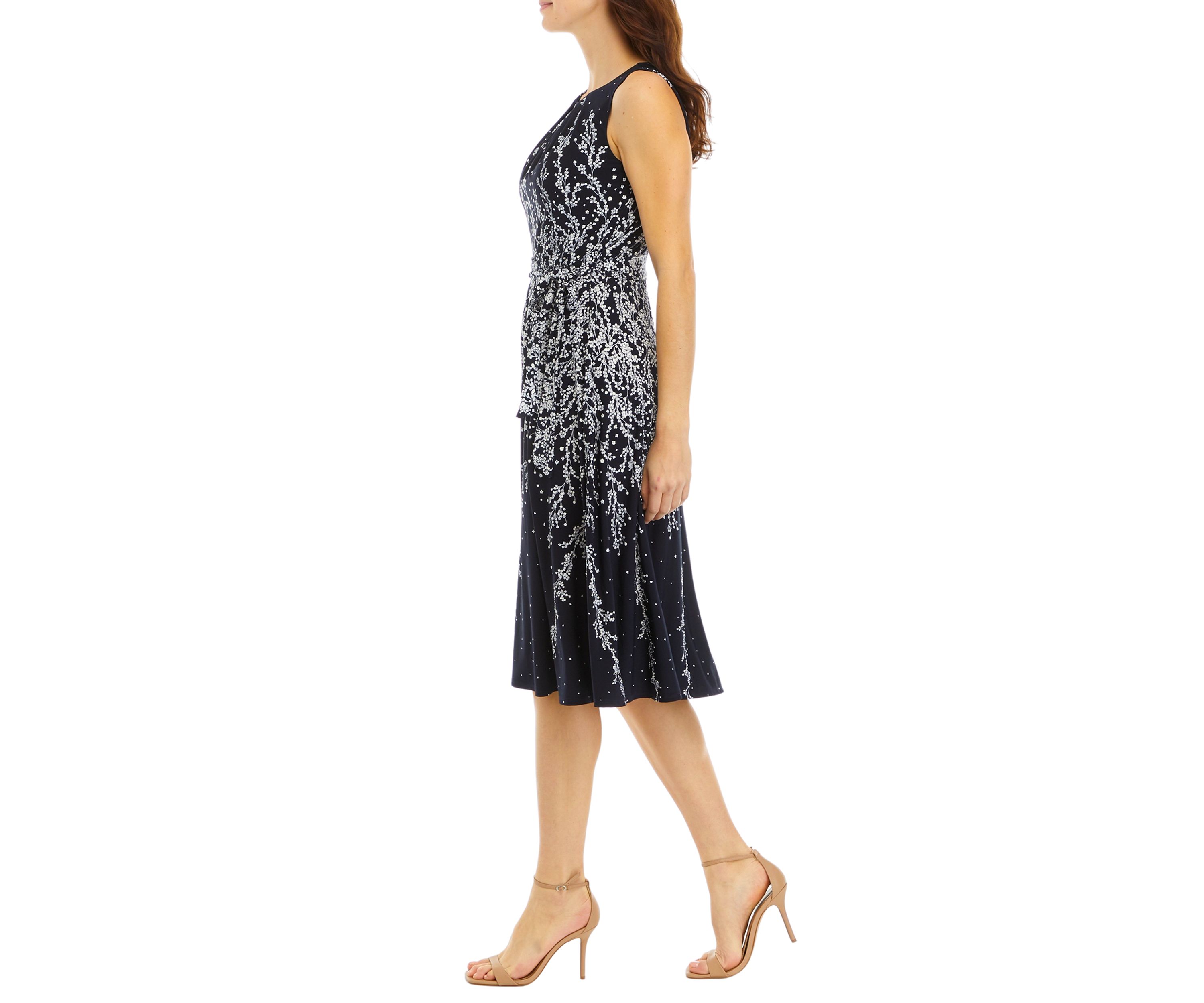 Womens Sleeveless Pleat Neck Ombré Floral Midi Dress
