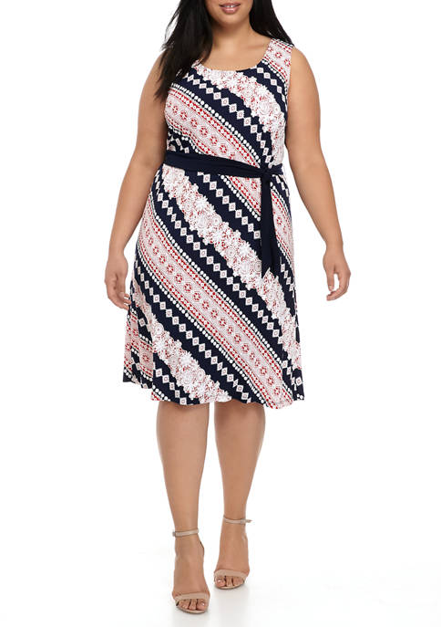 Plus Size Sleeveless Biadere Print Belted Dress