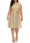 Plus Size Sleeveless Square Neck Striped Fit and Flare Dress