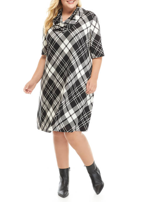 Plus Size Short Sleeve Plaid Cozy Cowl Neck Dress