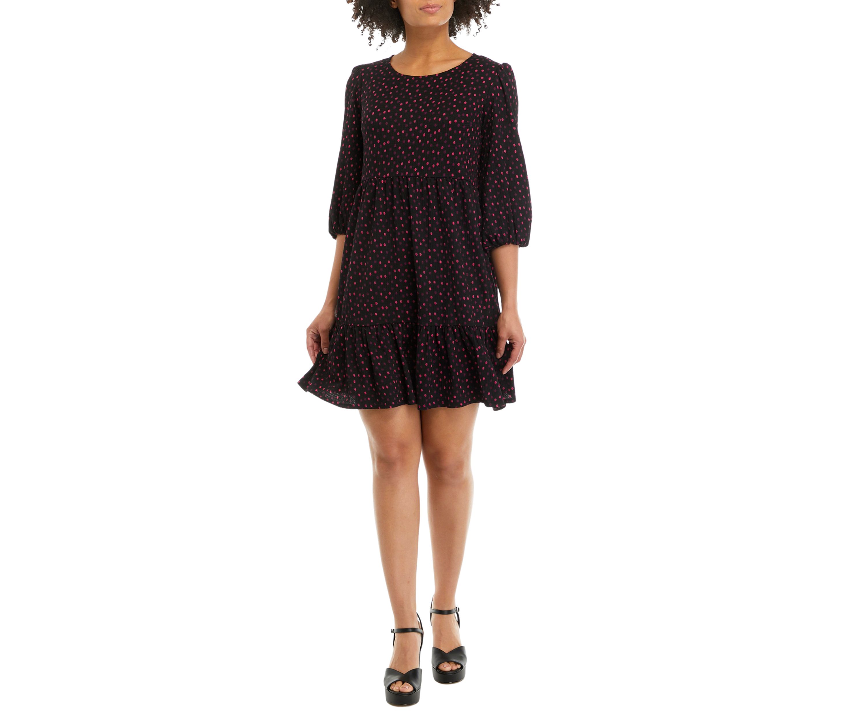 Womens 3/4 Sleeve Multi Dot Tiered Dress