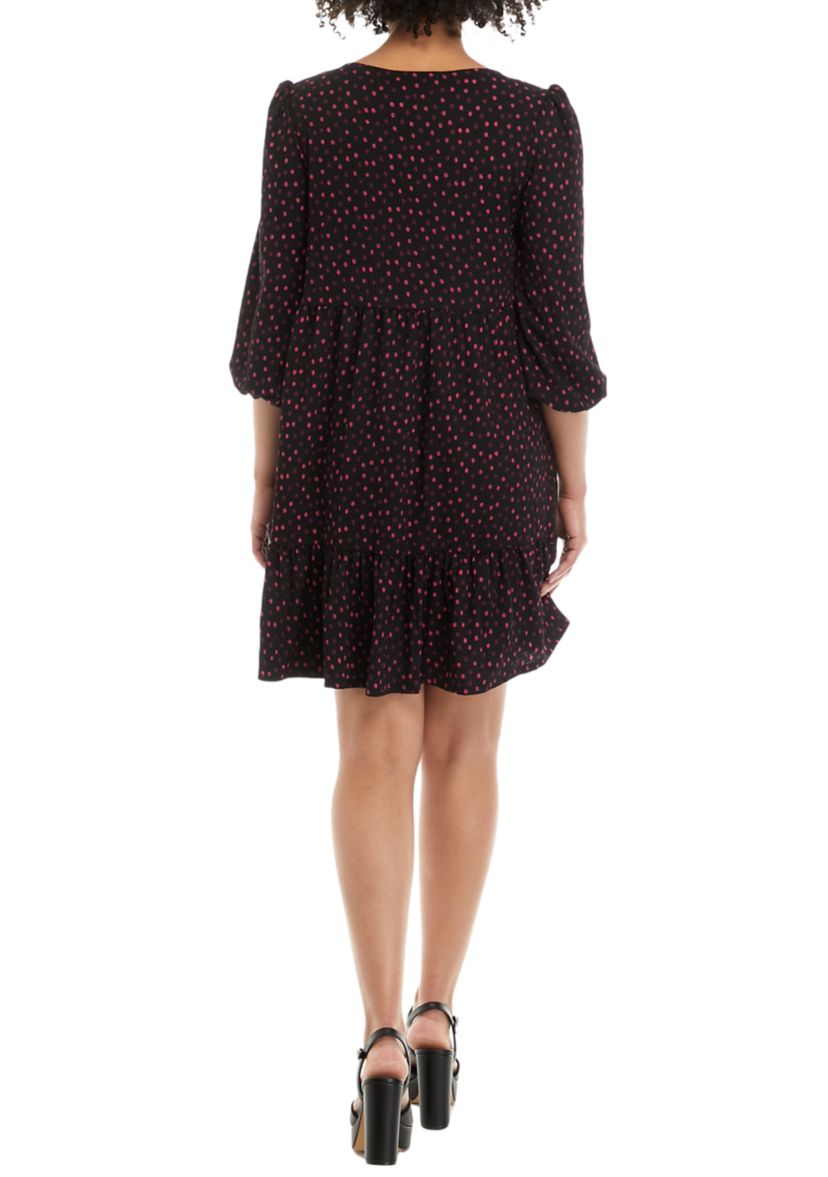 Womens 3/4 Sleeve Multi Dot Tiered Dress