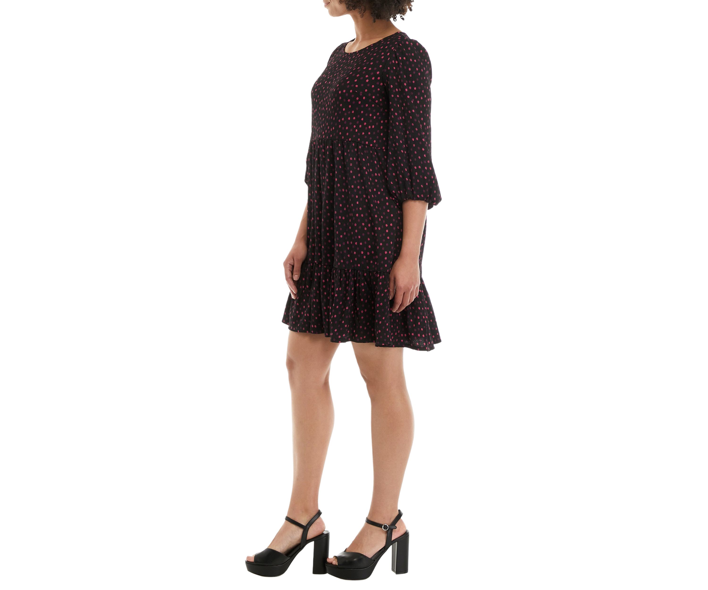 Womens 3/4 Sleeve Multi Dot Tiered Dress