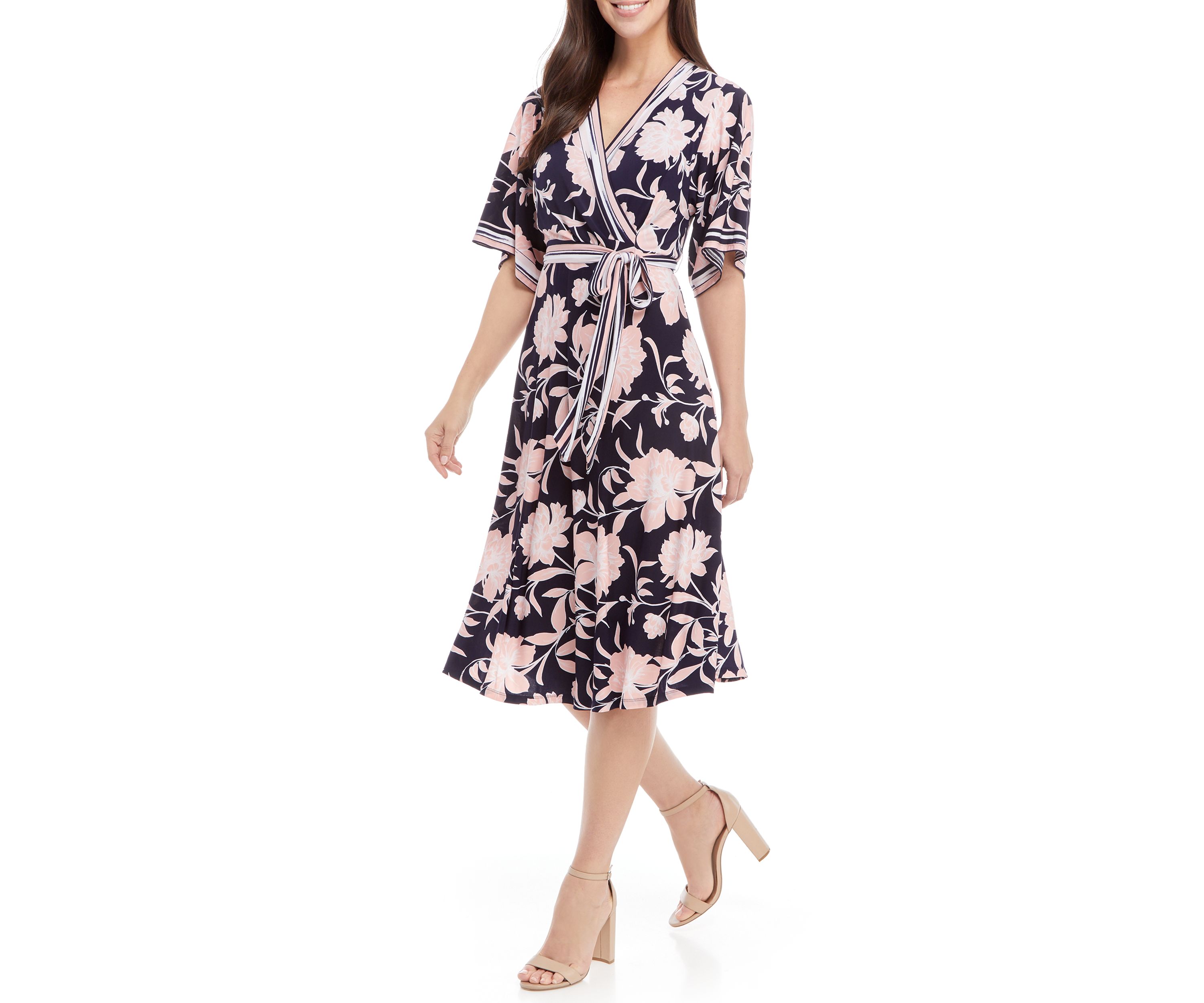 Womens Stripe Trim Floral Wrap Dress