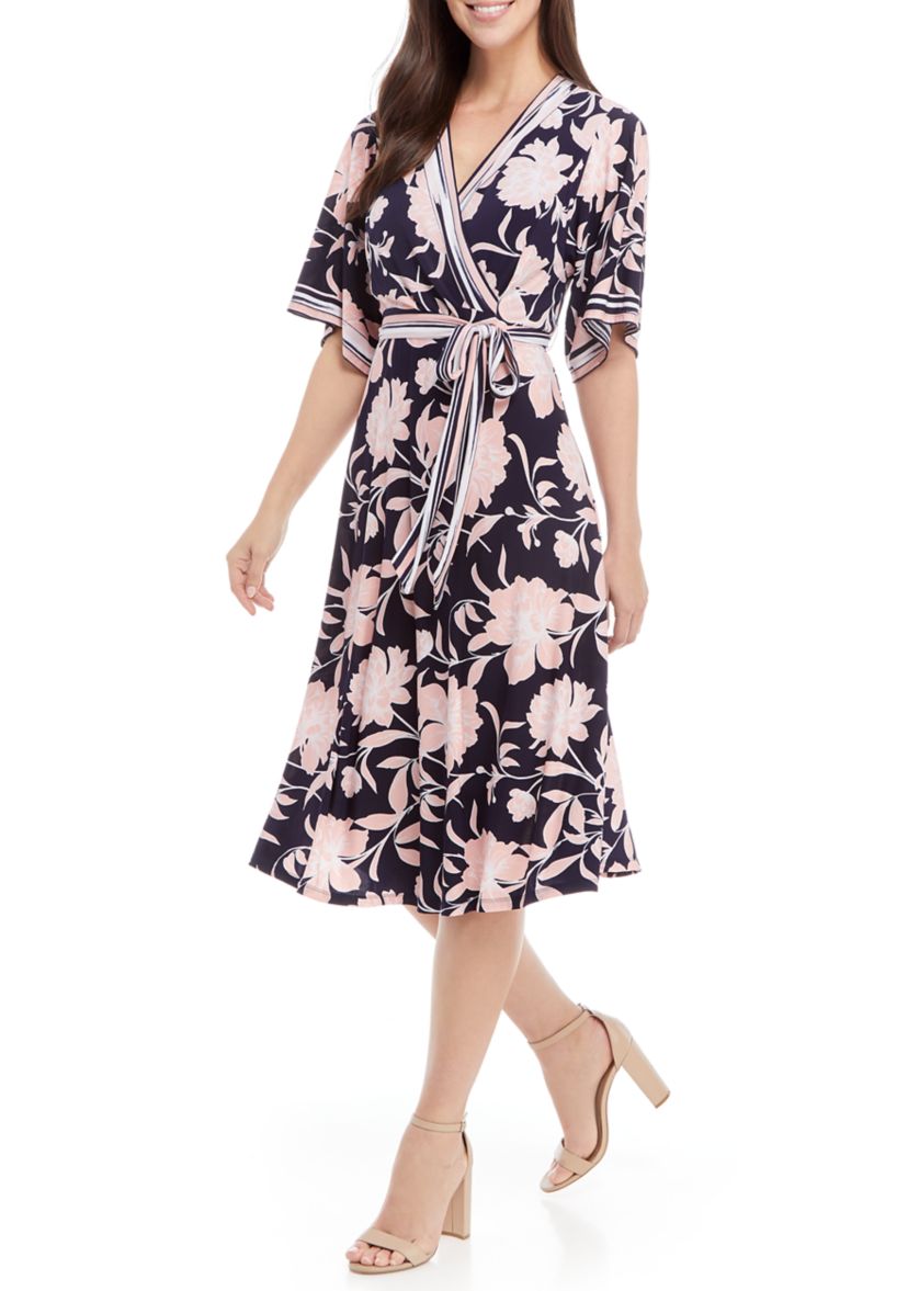 Womens Stripe Trim Floral Wrap Dress